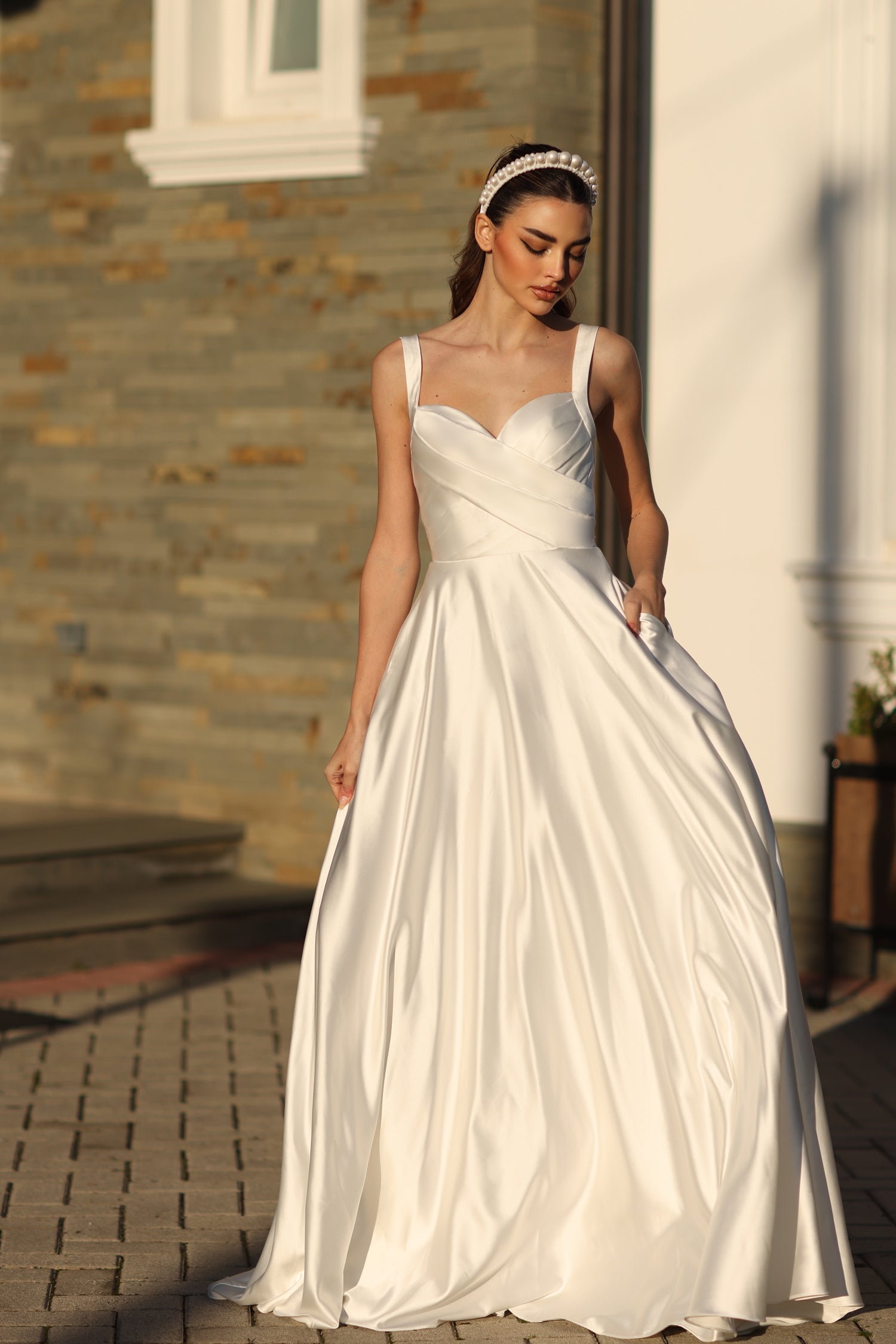 TINA HOLLY COUTURE BB210W off white satin ball gown with pleated bodice, bridal formal dress, Brisbane to Gold Coast