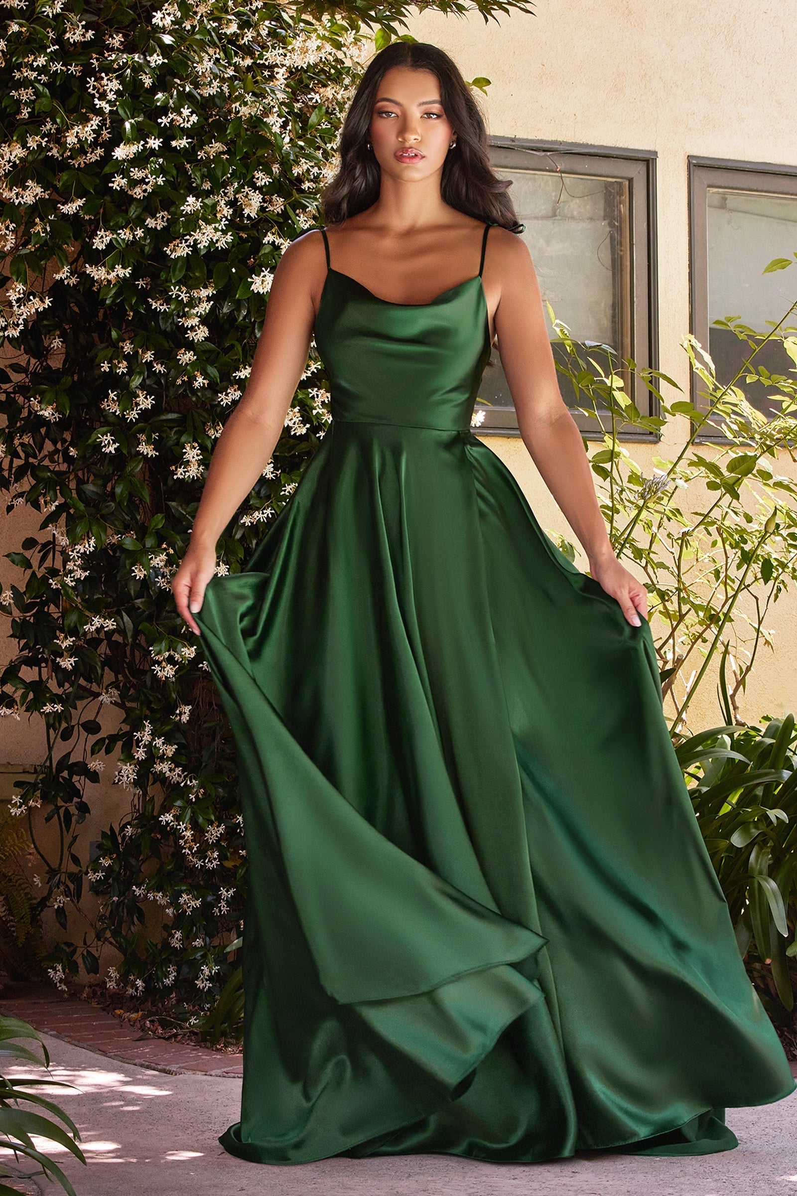 XENA emerald green satin gown with adjustable spaghetti ties and flowing skirt, perfect formal bridesmaid or prom dress. Brisbane to Gold Coast.