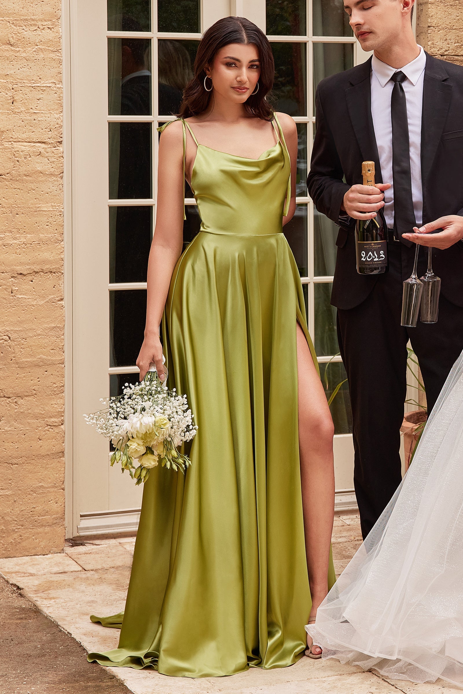XENA green silky formal dress with cowl neckline and slit, ideal for bridesmaids or proms, from Brisbane to Gold Coast.