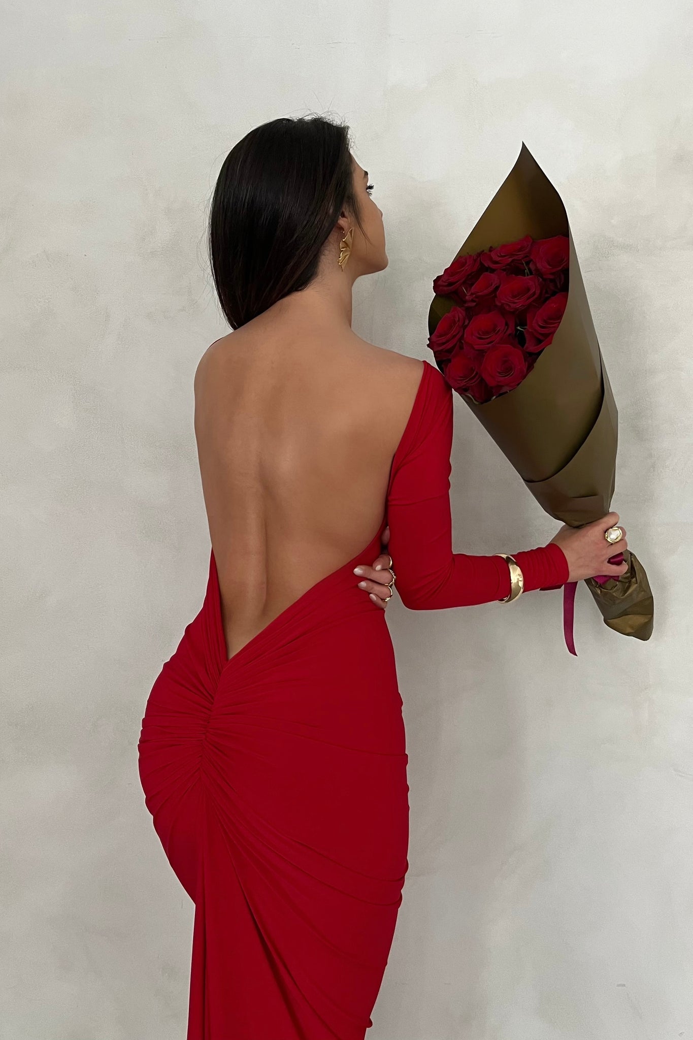 MÉLANI The Label CAMILA Long Sleeve Backless Semi Formal Midi Dress