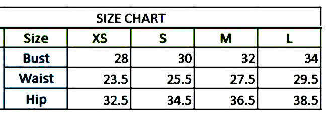 Size chart displaying measurements for sizes XS to L, including bust, waist, and hip dimensions for accurate fit.