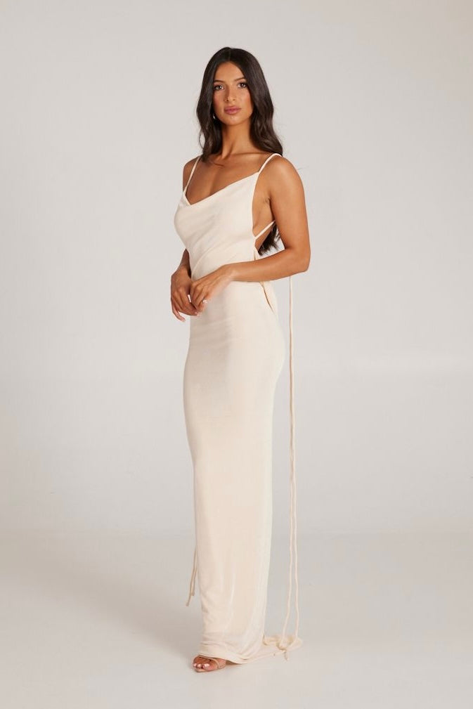 MÉLANI The Label CRISTINA Pearl White Drape Low Back Dress