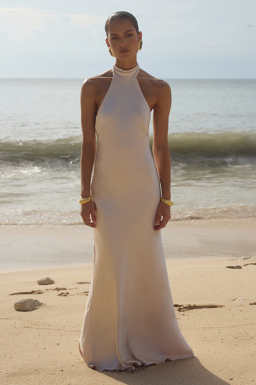 RUNAWAY THE LABEL BRIGITTE maxi dress with halter neck and open back, perfect for bridesmaids. Brisbane to Gold Coast, Australia.