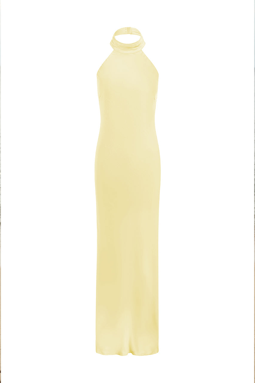 RUNAWAY THE LABEL BRIGITTE Bridesmaids semi formal maxi dress with halter neck and low open back, elegant for Brisbane to Gold Coast.
