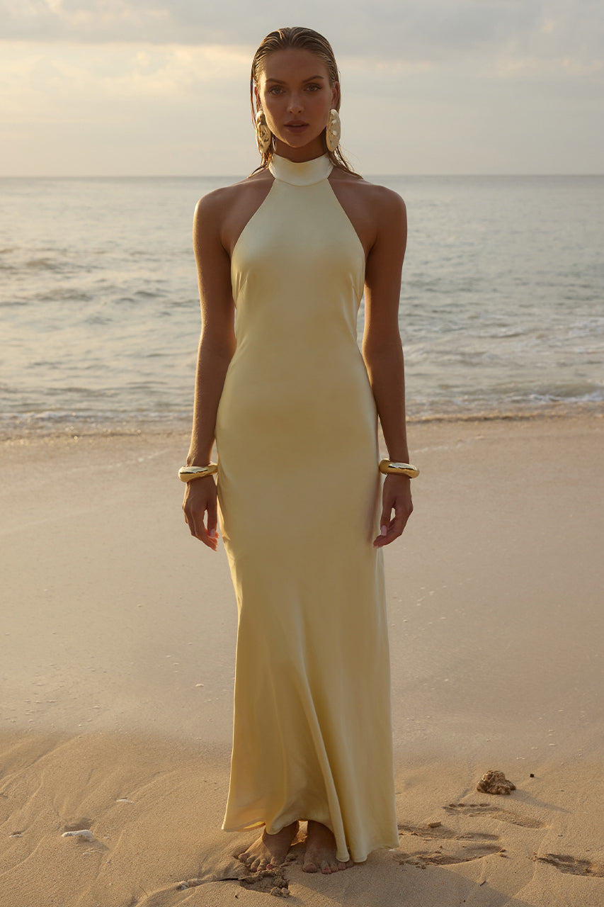 RUNAWAY THE LABEL BRIGITTE Bridesmaids semi formal maxi dress with halter neck and low open back on beach, Brisbane to Gold Coast.