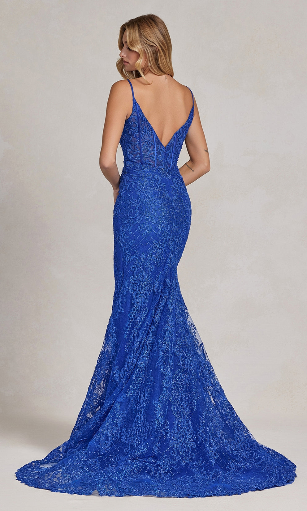 HELANI Royal Blue Embroidery & Glitter Leg Split Mermaid Prom Dress