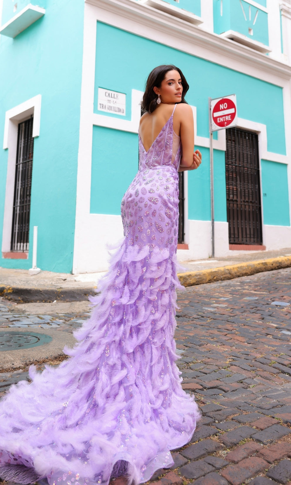 KARMELLA Glitter & Feather Mermaid School Formal Dress with illusion V-neck and open back. Perfect for Brisbane to Gold Coast, Australia.