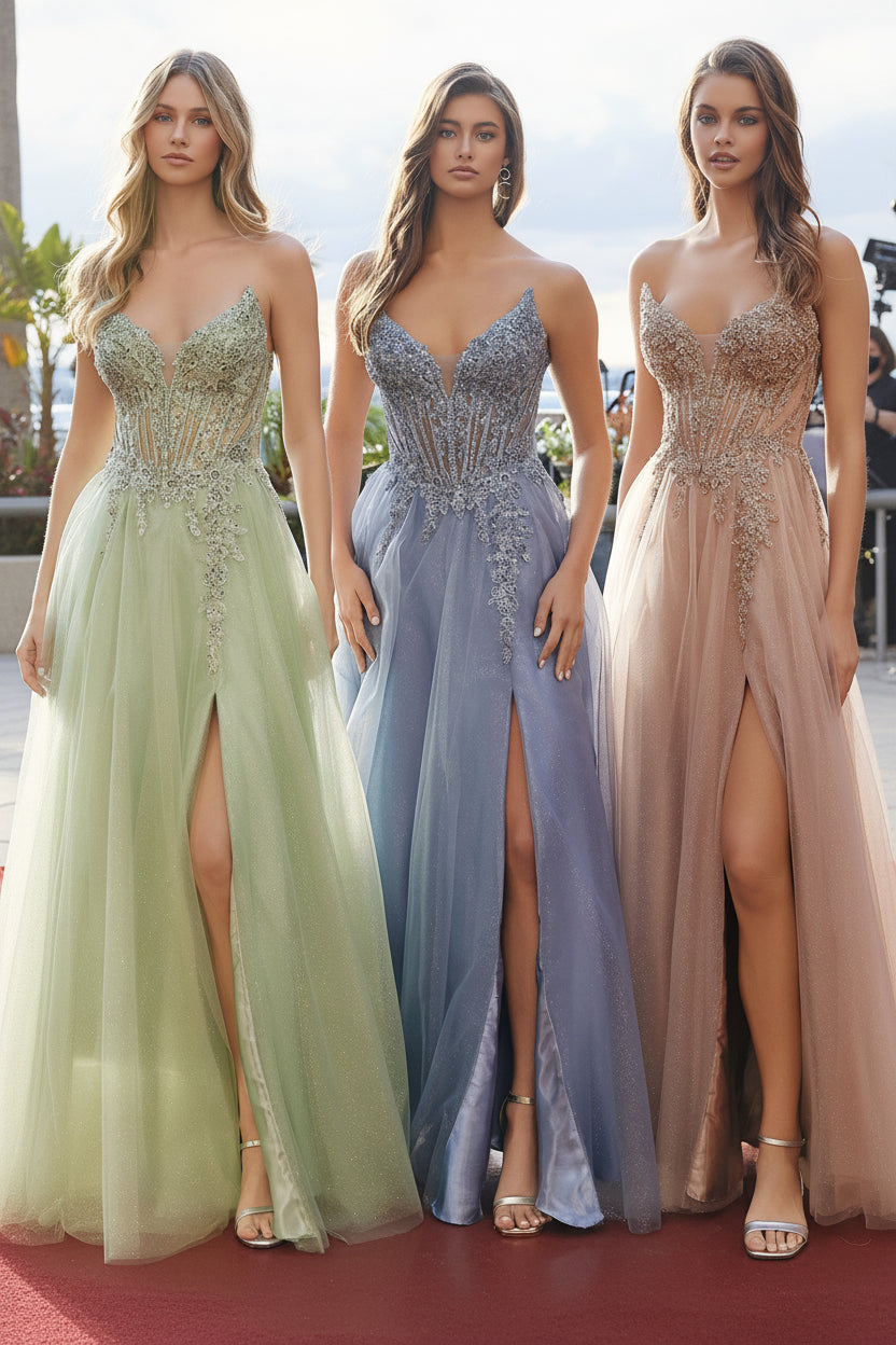 LEIGHTON Beaded Corset A-Line Formal Gown with Leg Split