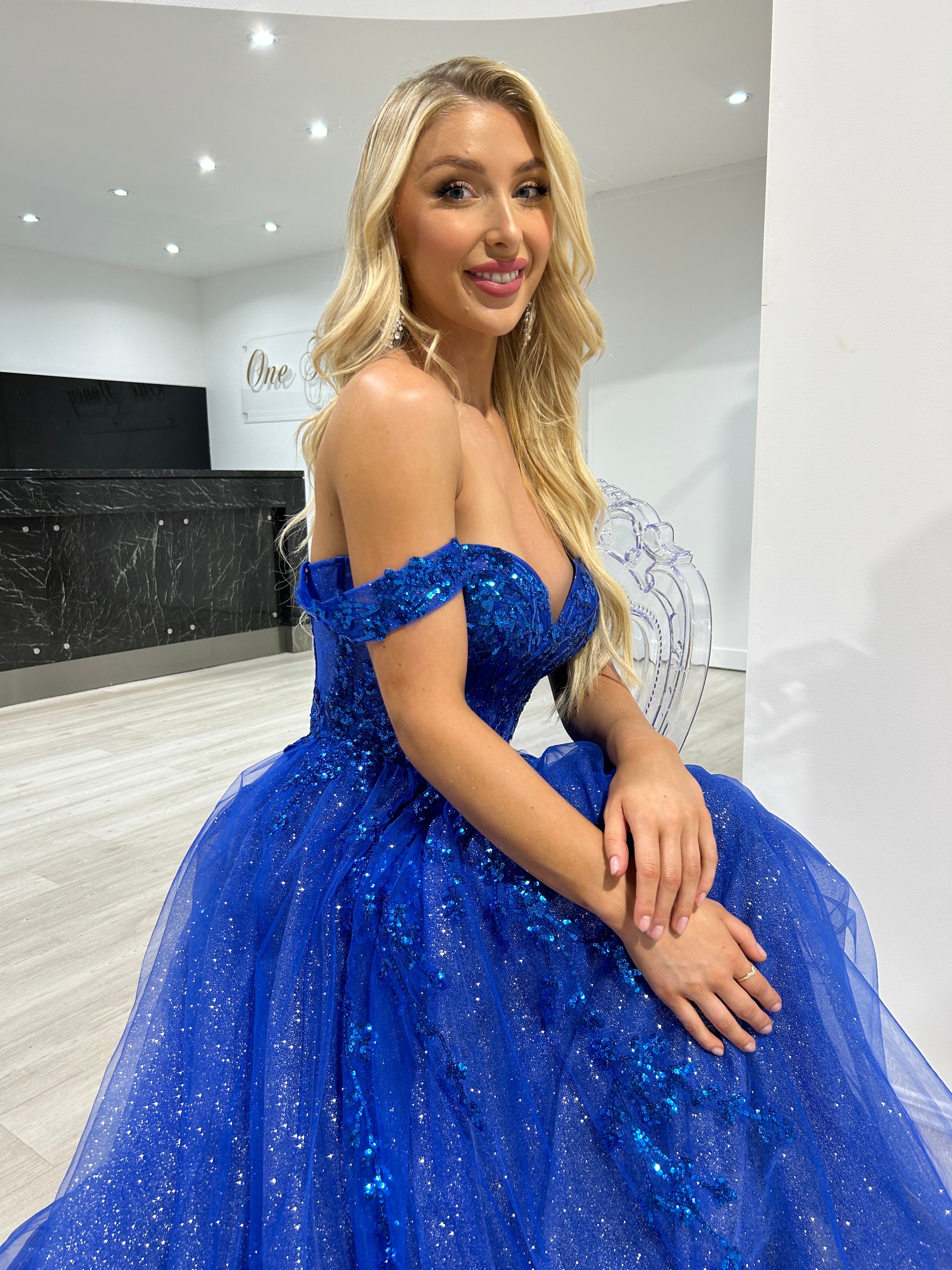 ENOLA Off the Shoulder Tulle Ballgown with lace bodice, evening gown. Visible figure. Brisbane to Gold Coast Australia.