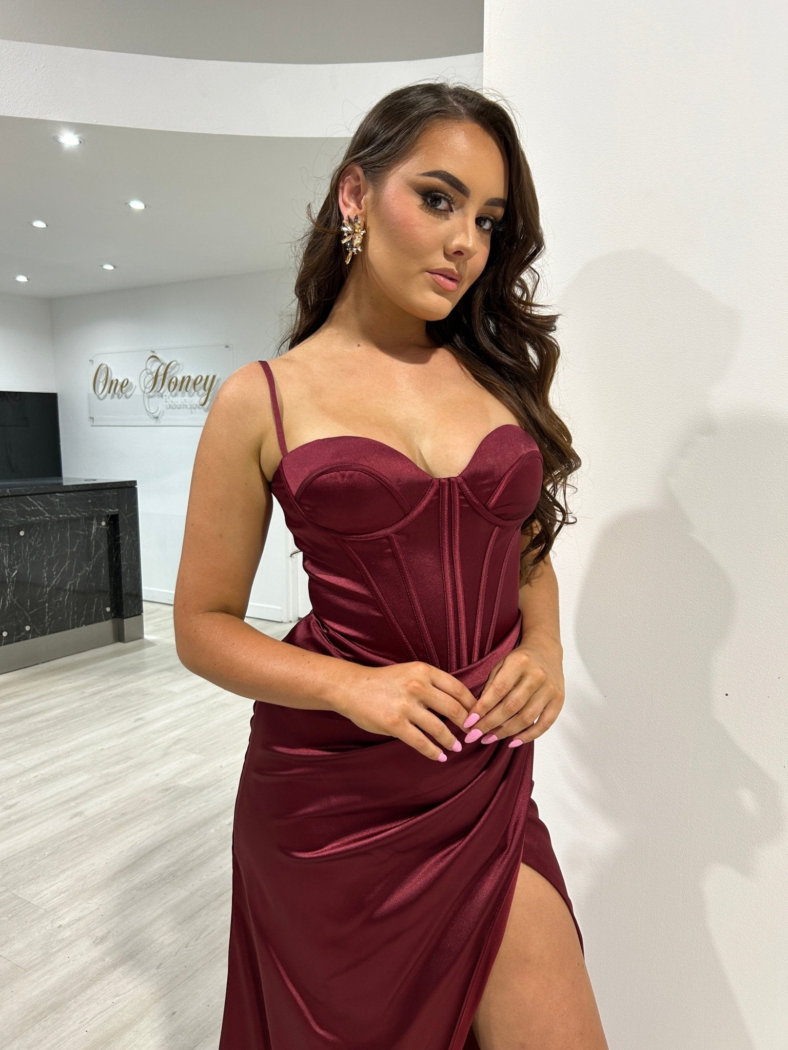 ZENA Satin Corset Bustier Leg Split Bridesmaid & Formal Dress in Australia | One Honey Boutique