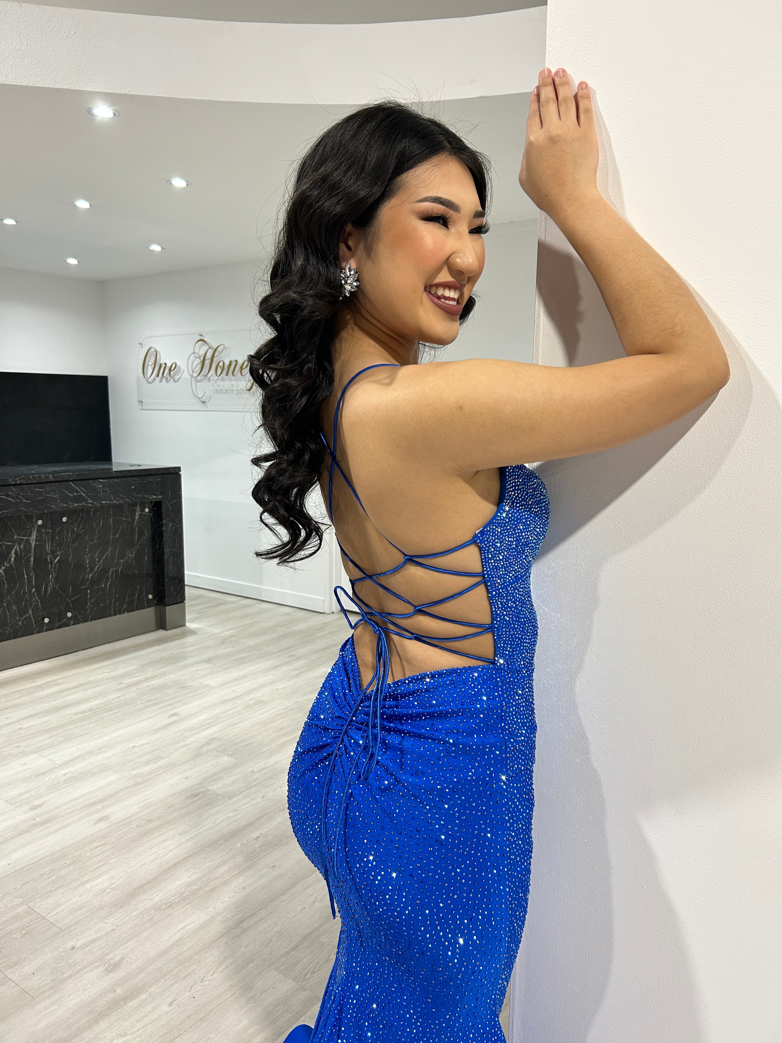 Sherri Hill 55124 Royal Blue Rhinestone Embellished Jersey Corset Back Mermaid Formal Dress