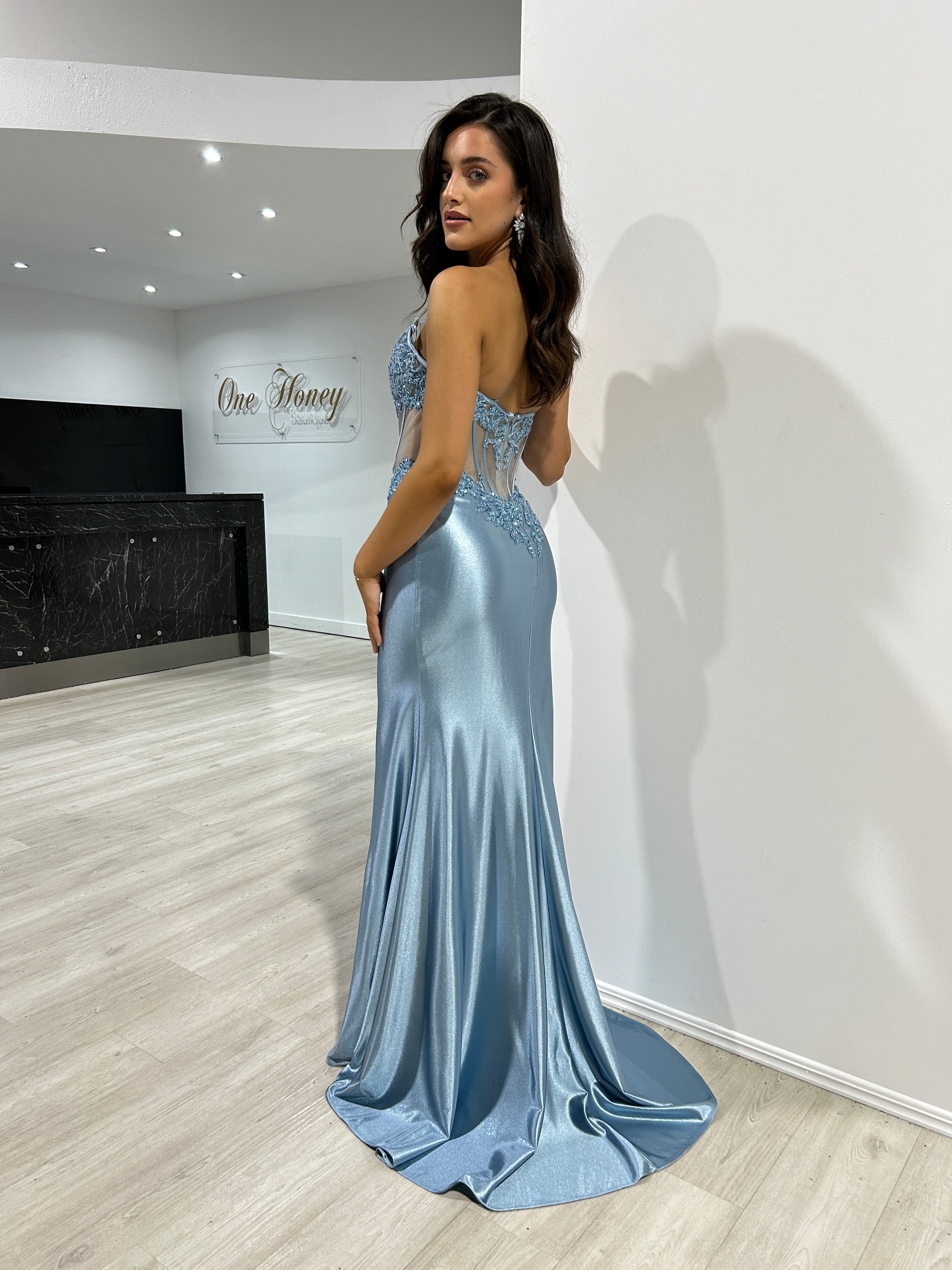 Honey Couture AZURA Dusty Blue Strapless Corset Silky Mermaid Formal Gown Dress