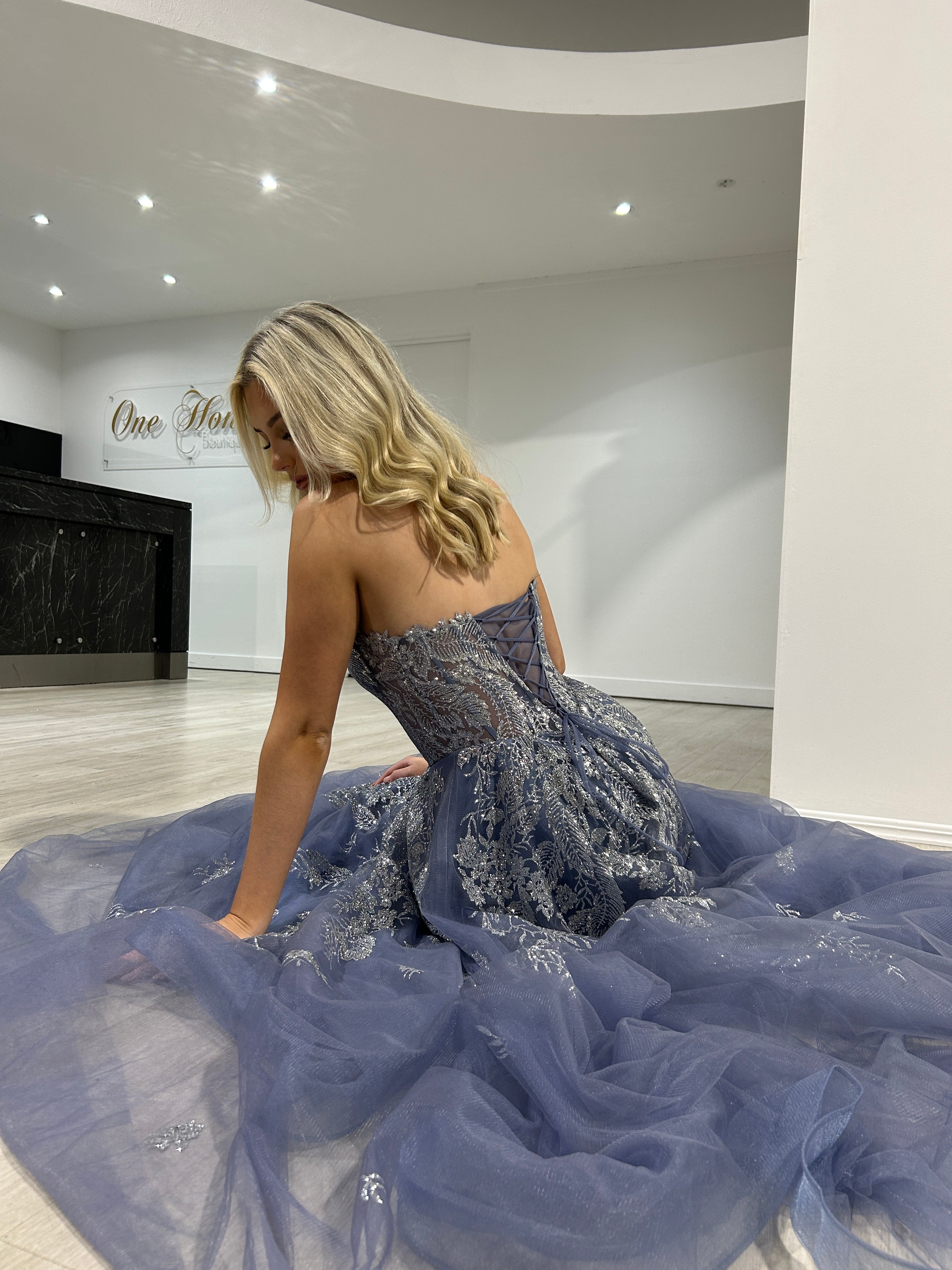 MERCER Strapless Glitter Ball Gown featuring a lace bodice and tulle skirt, ideal for proms. Brisbane to Gold Coast.