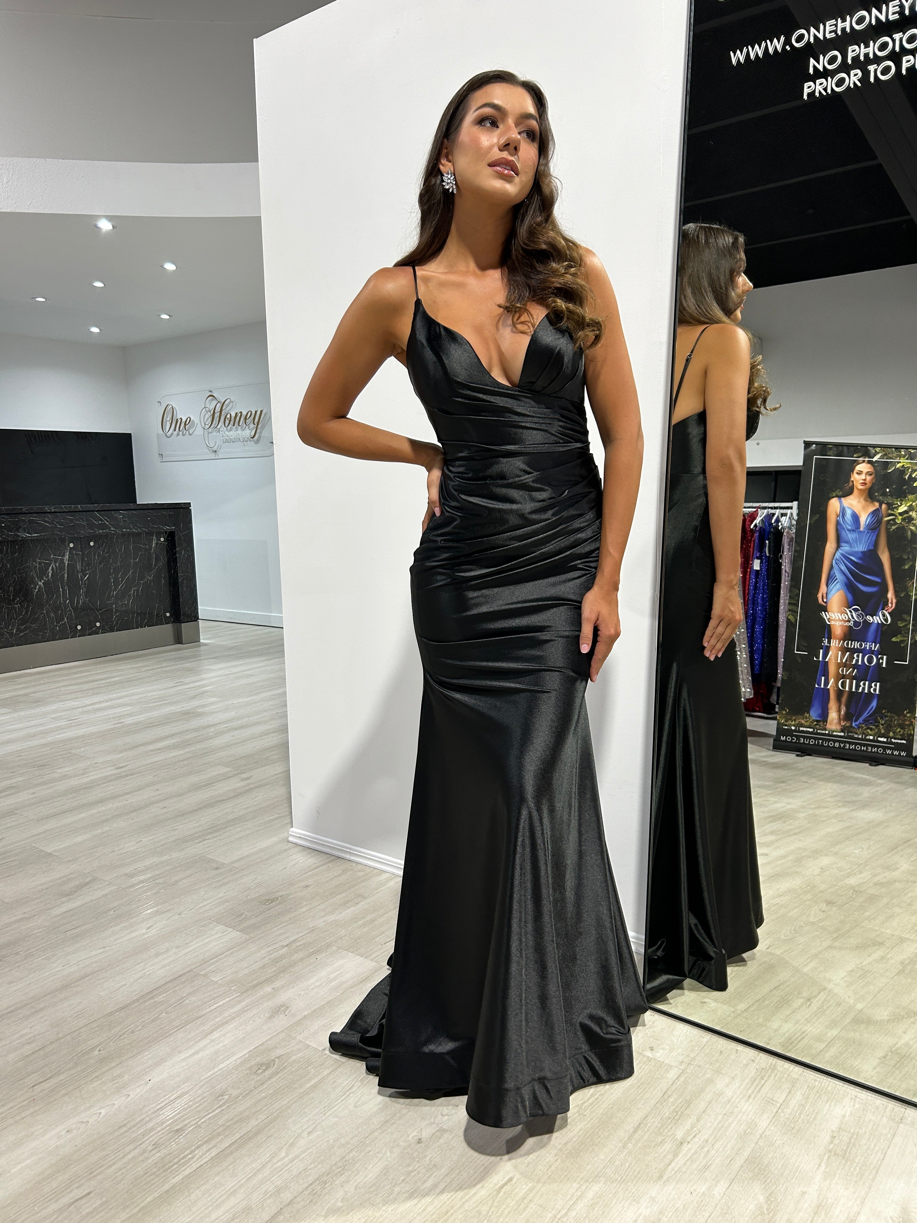CHARLIE Stretch Satin Mermaid Dress with pleated bodice, fitted silhouette; formal gown for elegant occasions. Brisbane to Gold Coast.