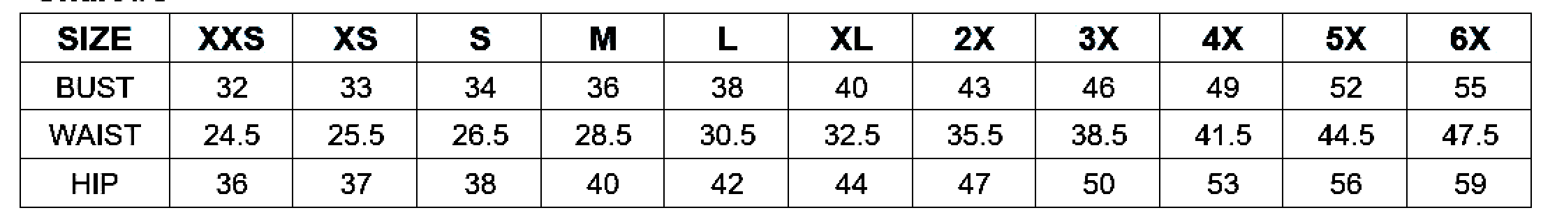 Size chart showing measurements for bust, waist, and hip from XXS to 6X.