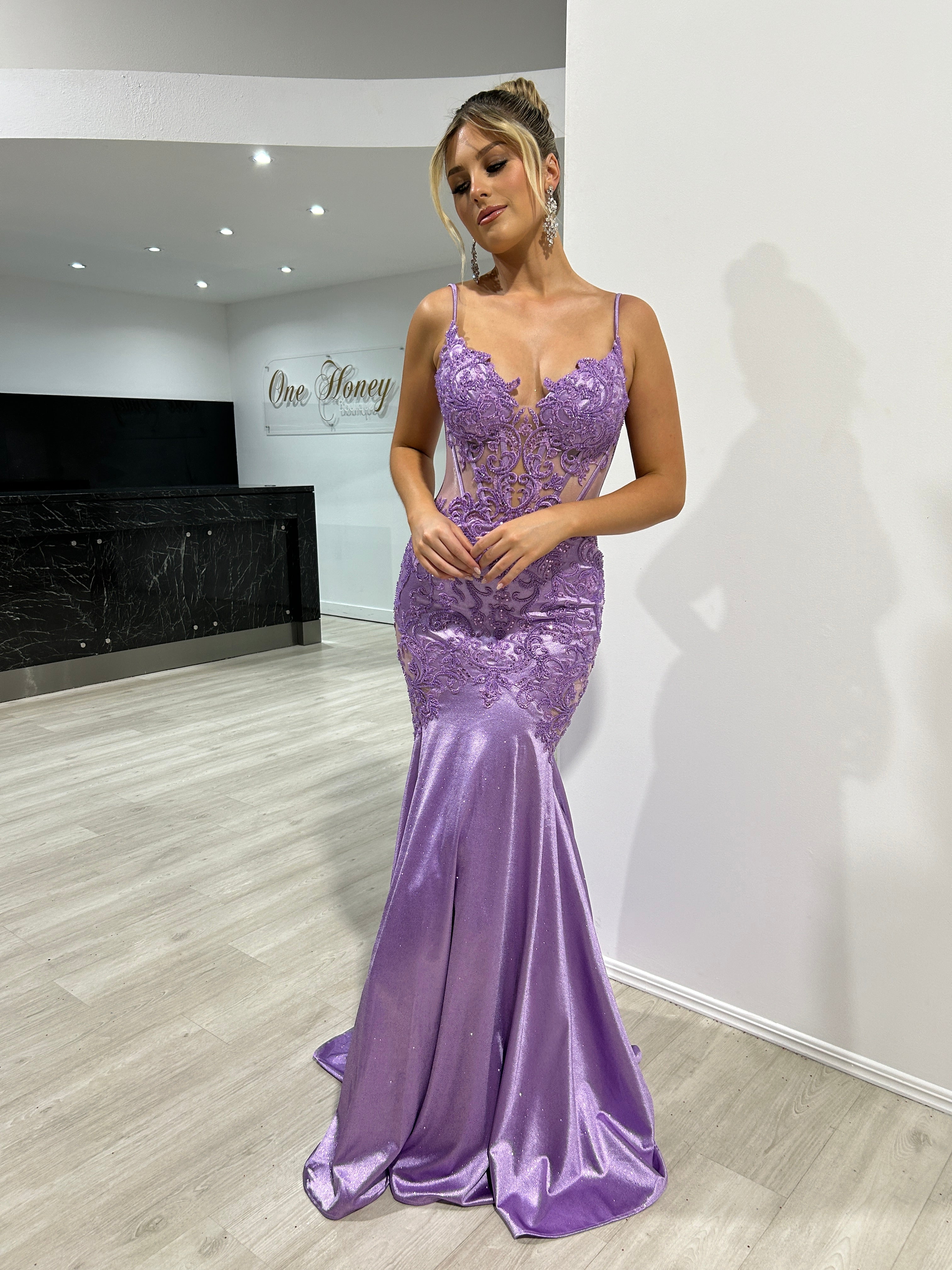 Honey Couture JEAN Lavender Lace and Glitter Fishtail Mermaid Formal Dress