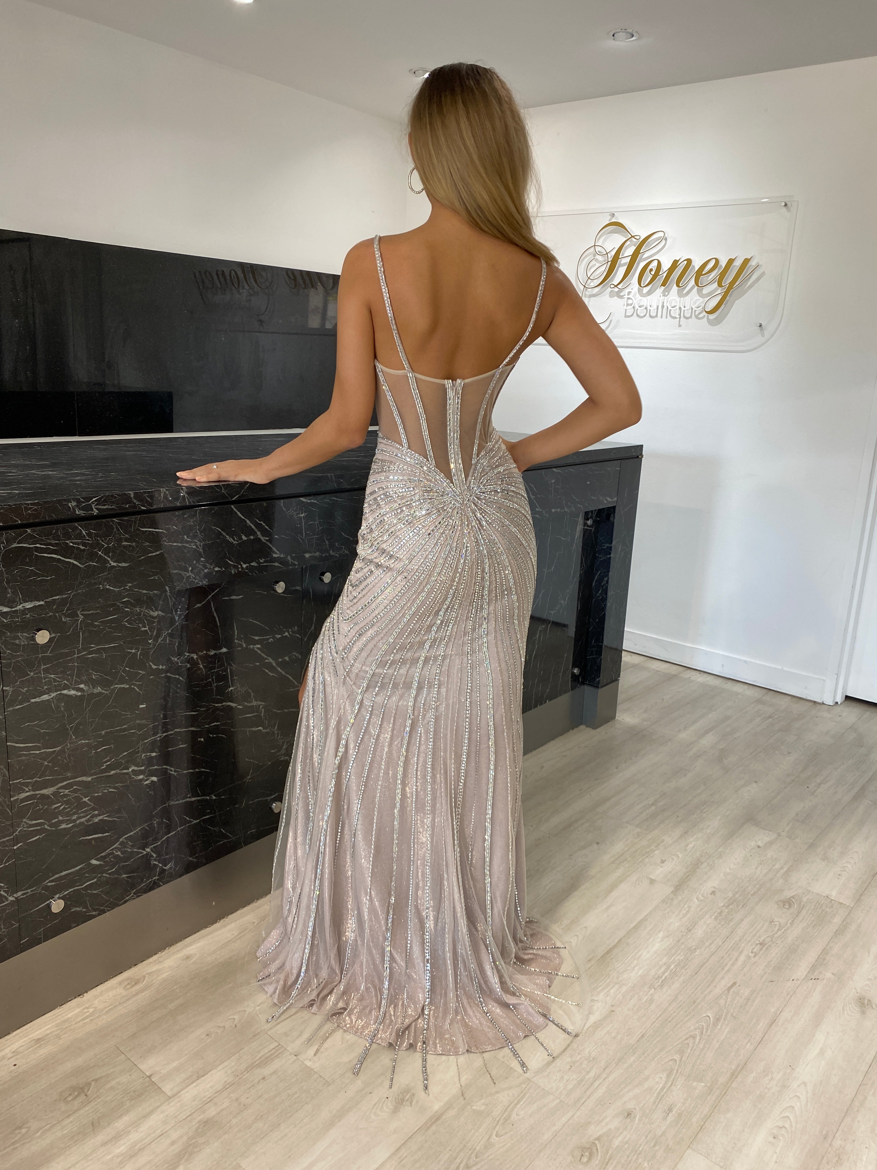 AMORE platinum bustier beaded corset formal dress featuring a sequin sheath silhouette evening gown. Brisbane to Gold Coast.