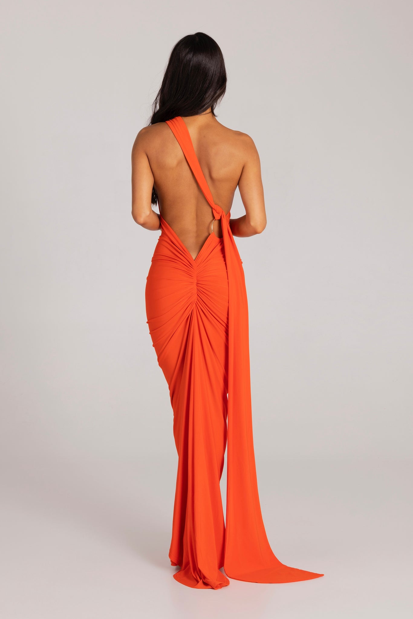 MÉLANI The Label CONSTANTINA Tangerine Asymmetric Halterneck Midi Dress