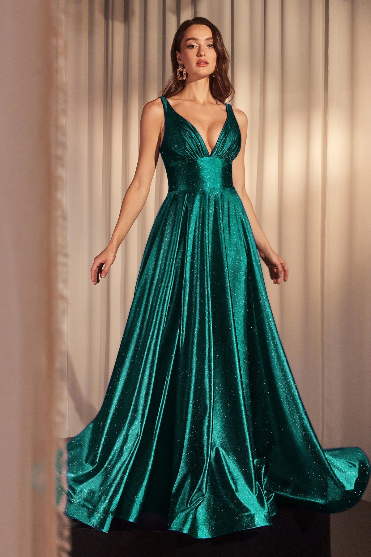 ARABELLA V glitter prom dress with deep V-neckline and wide waistband, sleek leg slit style. From Brisbane to Gold Coast, Australia.