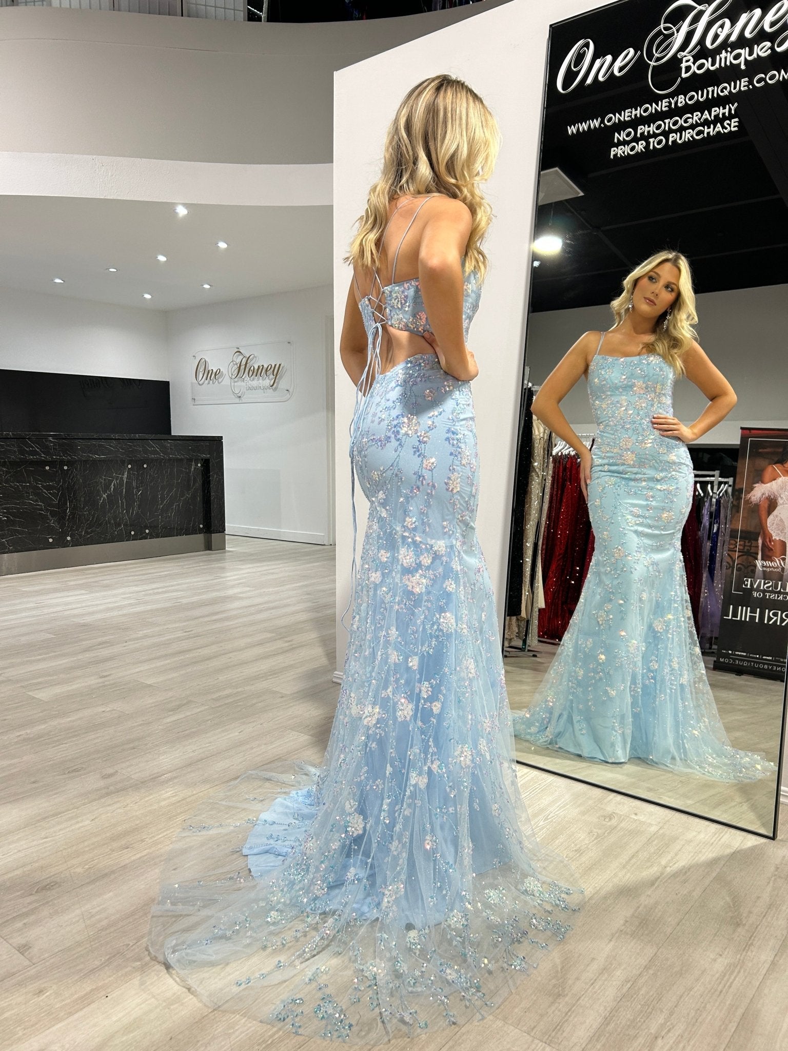 Honey Couture POSY Sky Blue Lace Sequin Applique Mermaid Formal Dress in Australia | One Honey Boutique