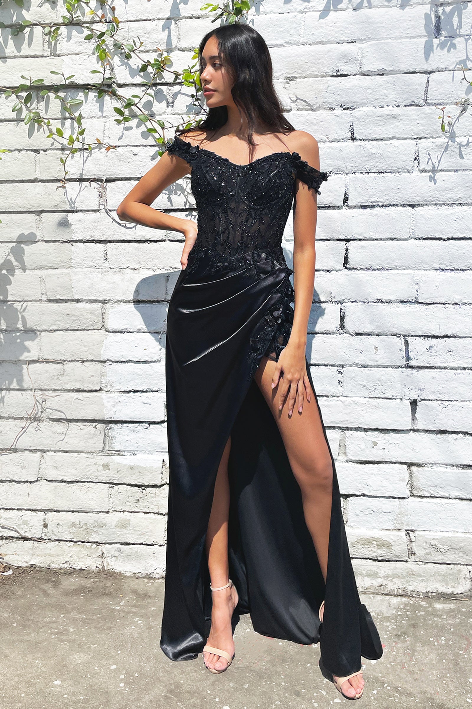 THELMA Sequin Bustier Corset Black Satin Mermaid Formal Dress with floral off-the-shoulder design. Brisbane to Gold Coast, Australia.