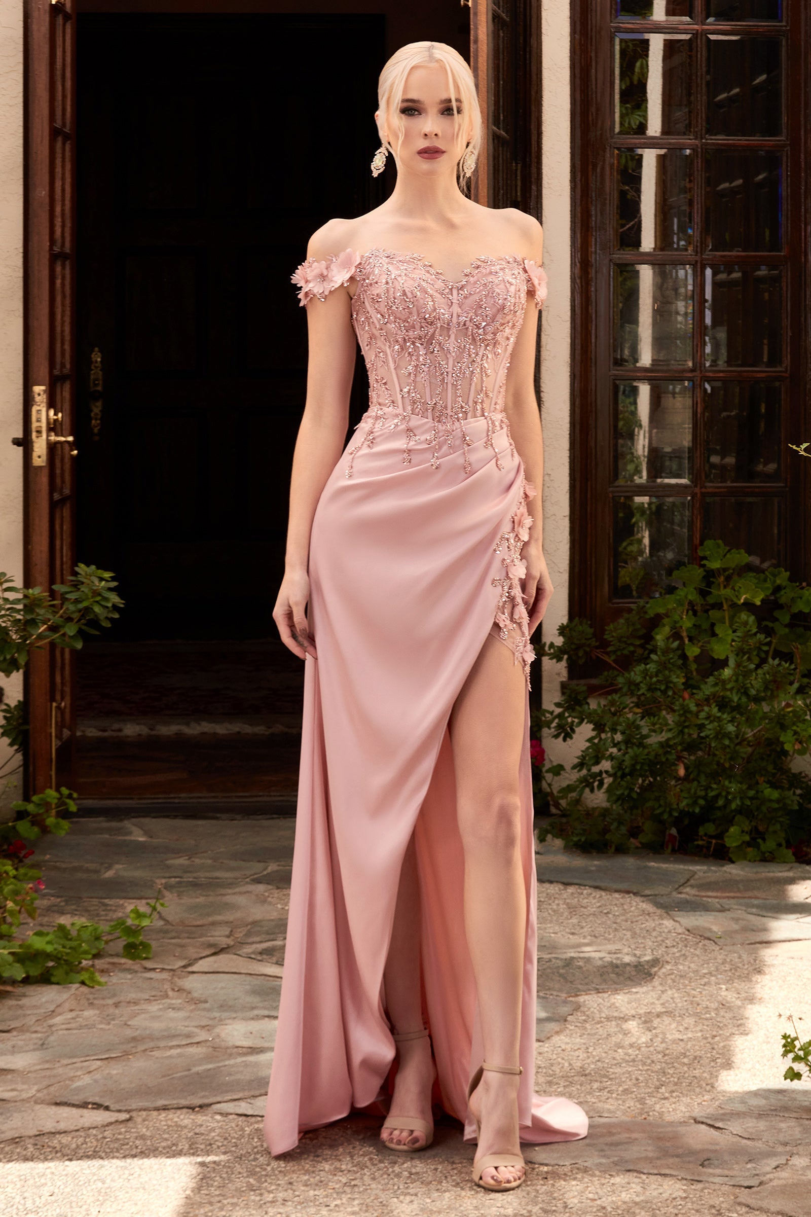 THELMA Sequin Bustier Corset Satin Mermaid Formal Dress with off-the-shoulder lace bodice and floral appliques, Brisbane to Gold Coast