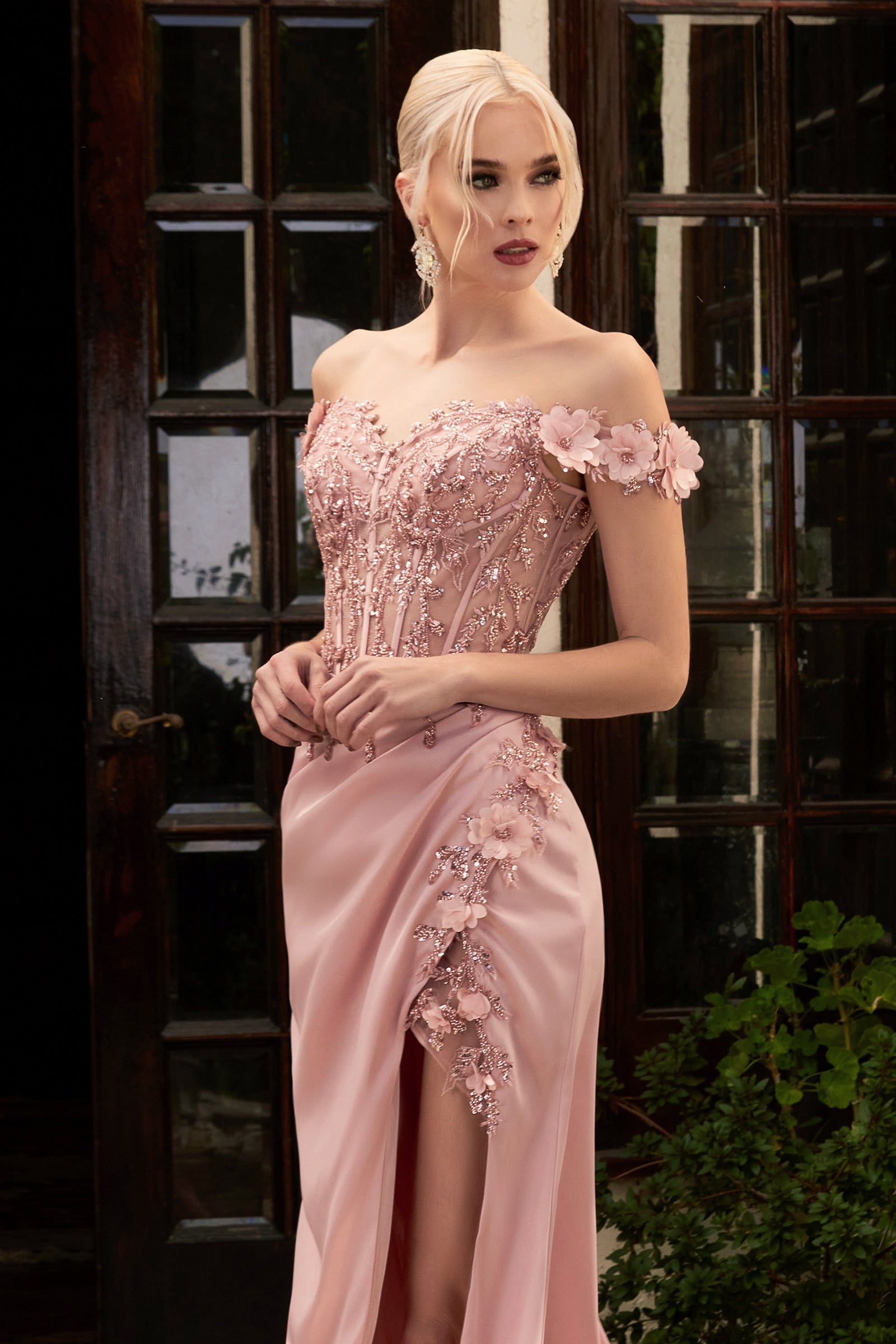 THELMA Sequin Bustier Corset Satin Mermaid Formal Dress with floral lace-appliques, evening gown. Brisbane to Gold Coast.