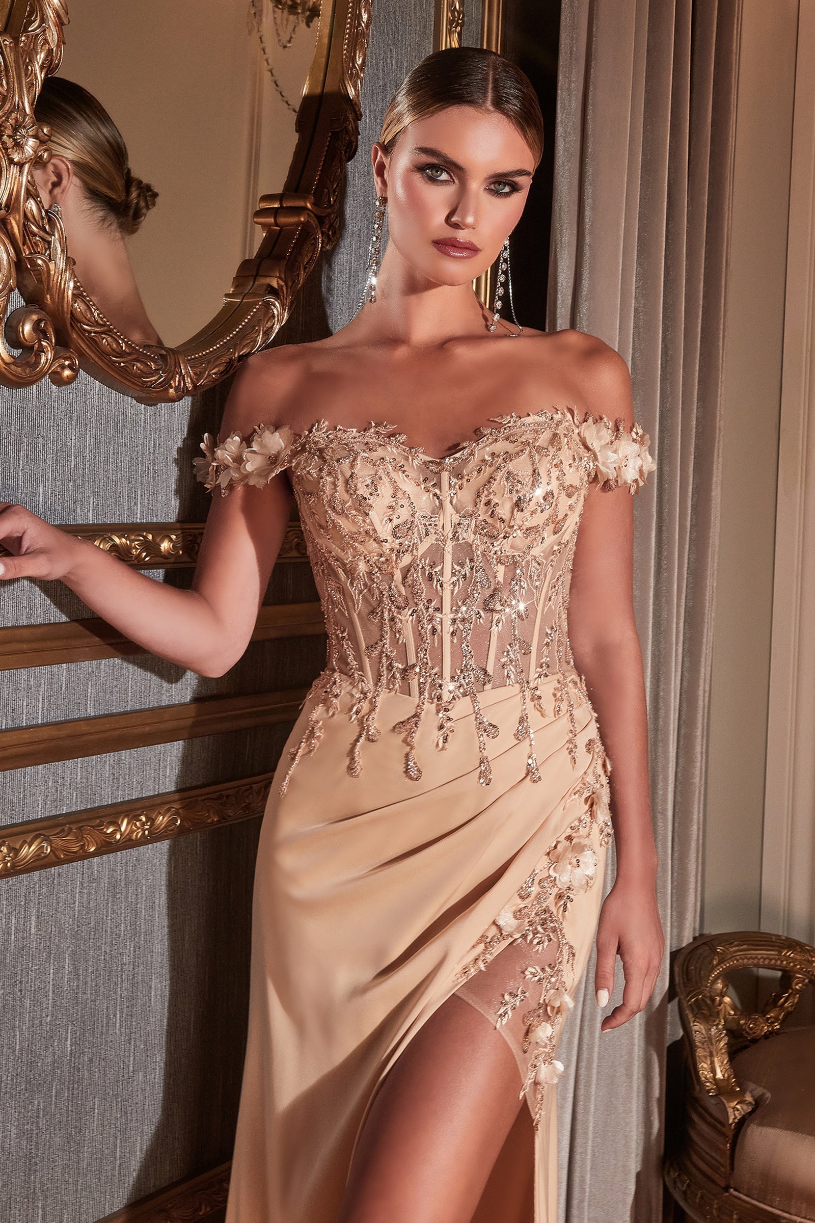 THELMA Sequin Bustier Corset Satin Mermaid Formal Dress with floral off-the-shoulder design, Brisbane to Gold Coast, Australia.