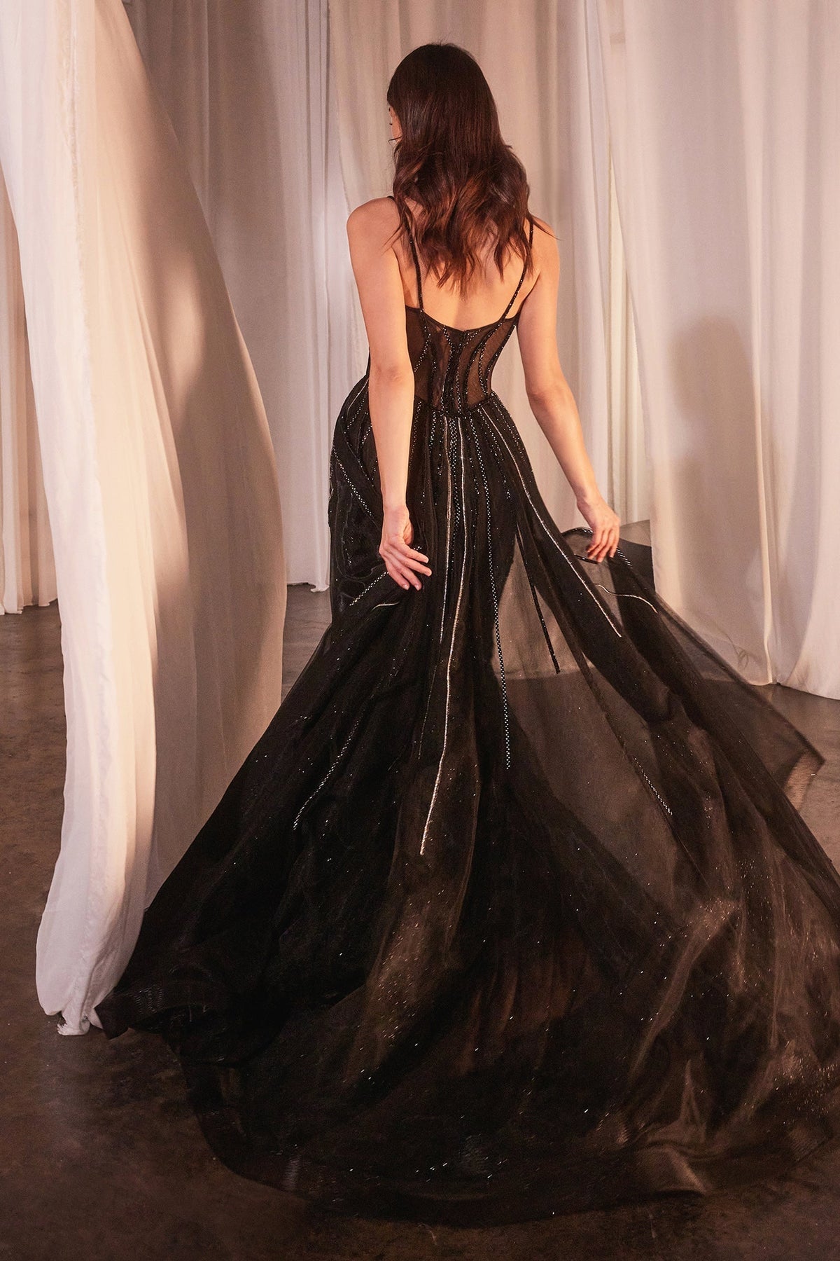 RESTORA Couture beaded diamante evening dress with flowing tulle overskirt, perfect for prom and formal events. Brisbane to Gold Coast.