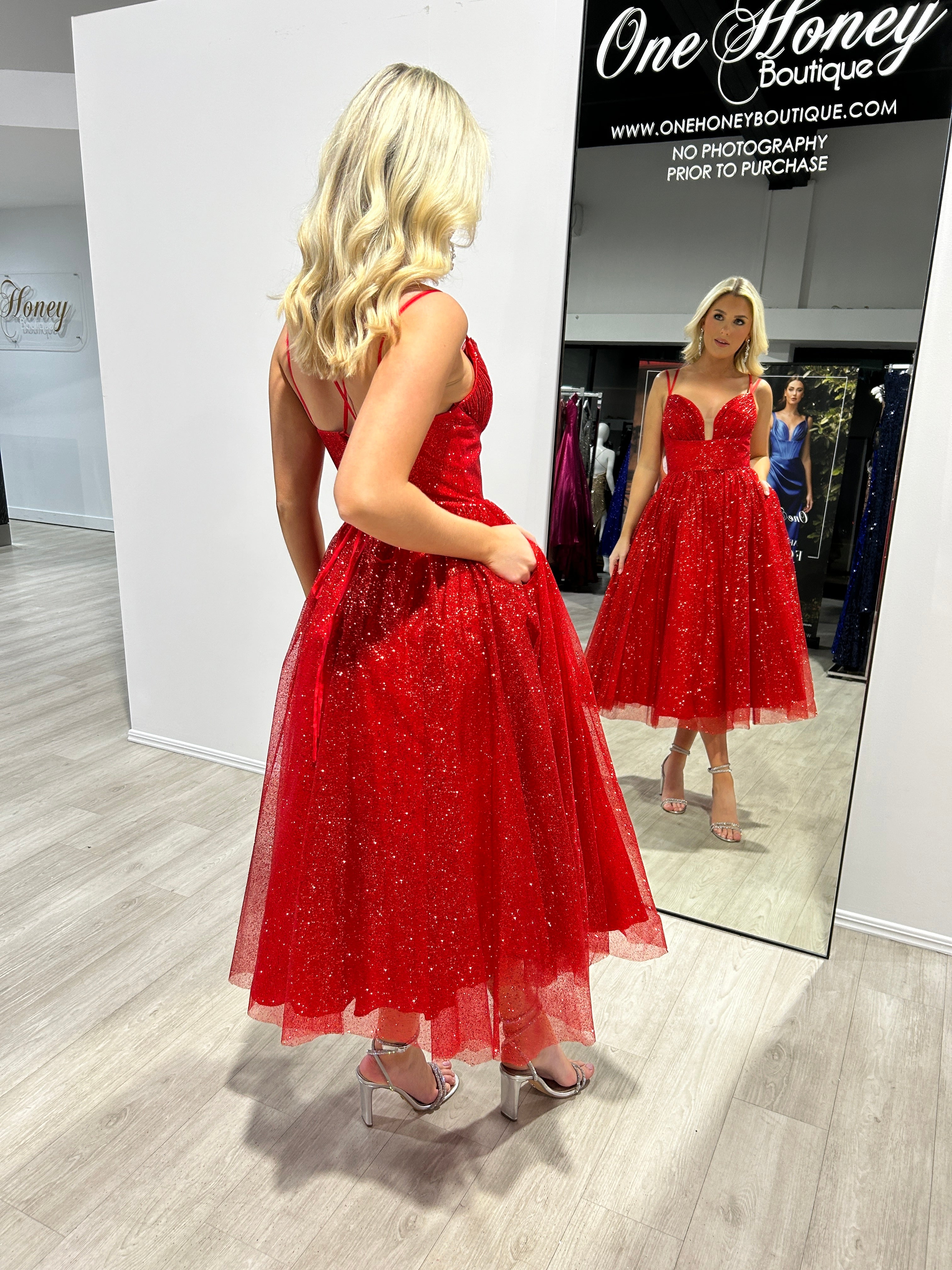 Honey Couture CAM Red Glitter Tea Length Ball Gown Corset Lace Up Formal Dress