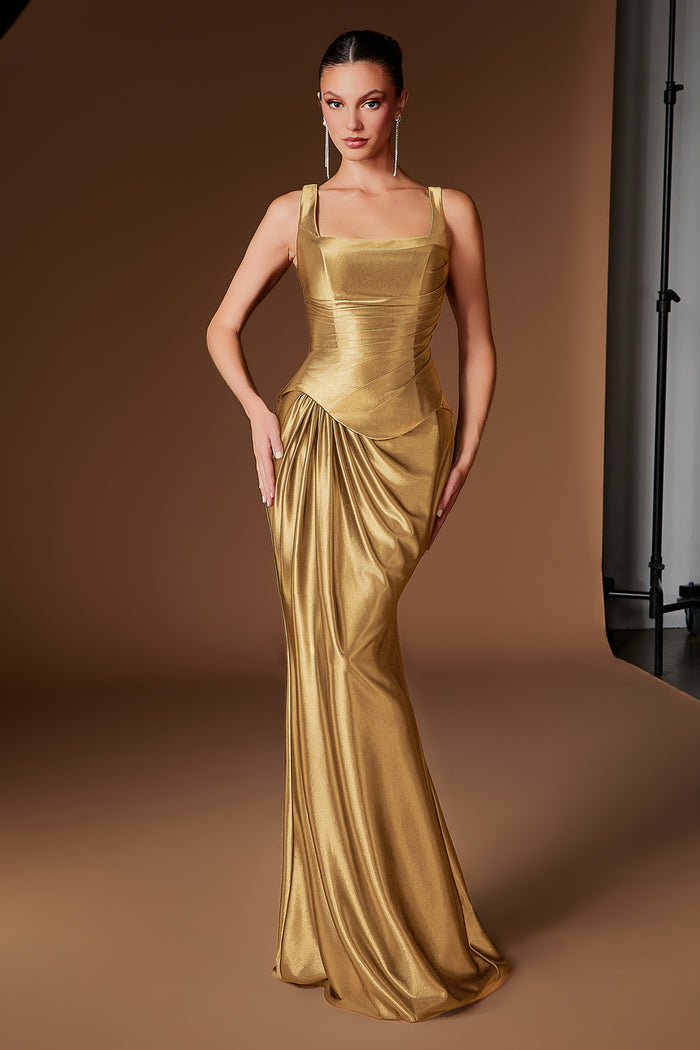 CHANTELLE Square Neck Satin Formal Gown with Draped Waist