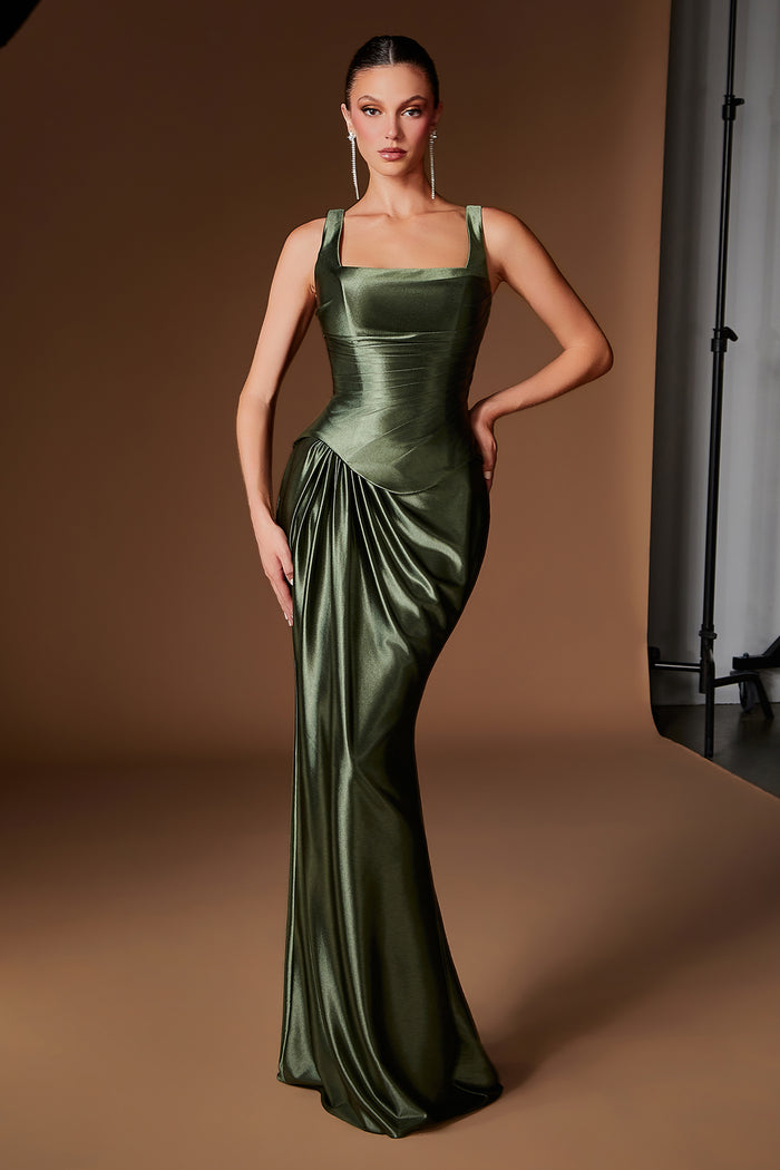 CHANTELLE Square Neck Satin Formal Gown with Draped Waist