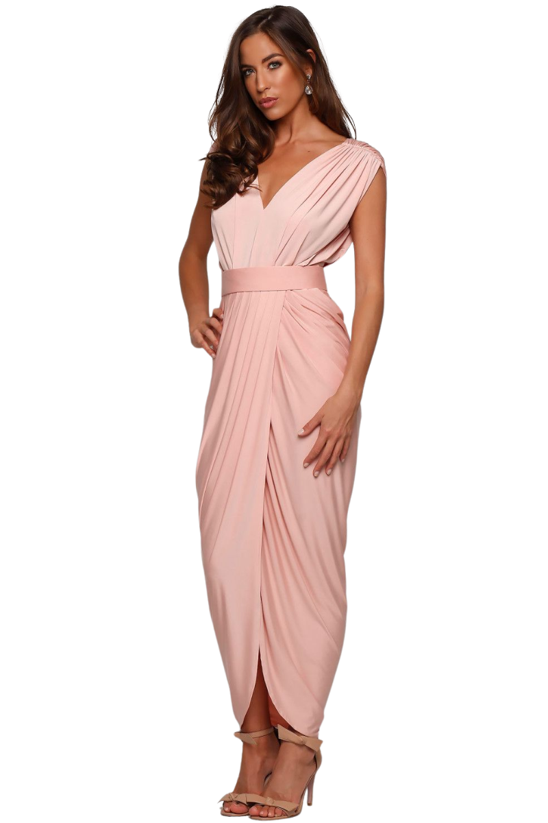 CARLA Silk Jersey Mermaid Bridesmaid Maxi Dress with pleated tulip wrap skirt and V neckline. Brisbane to Gold Coast, Australia.