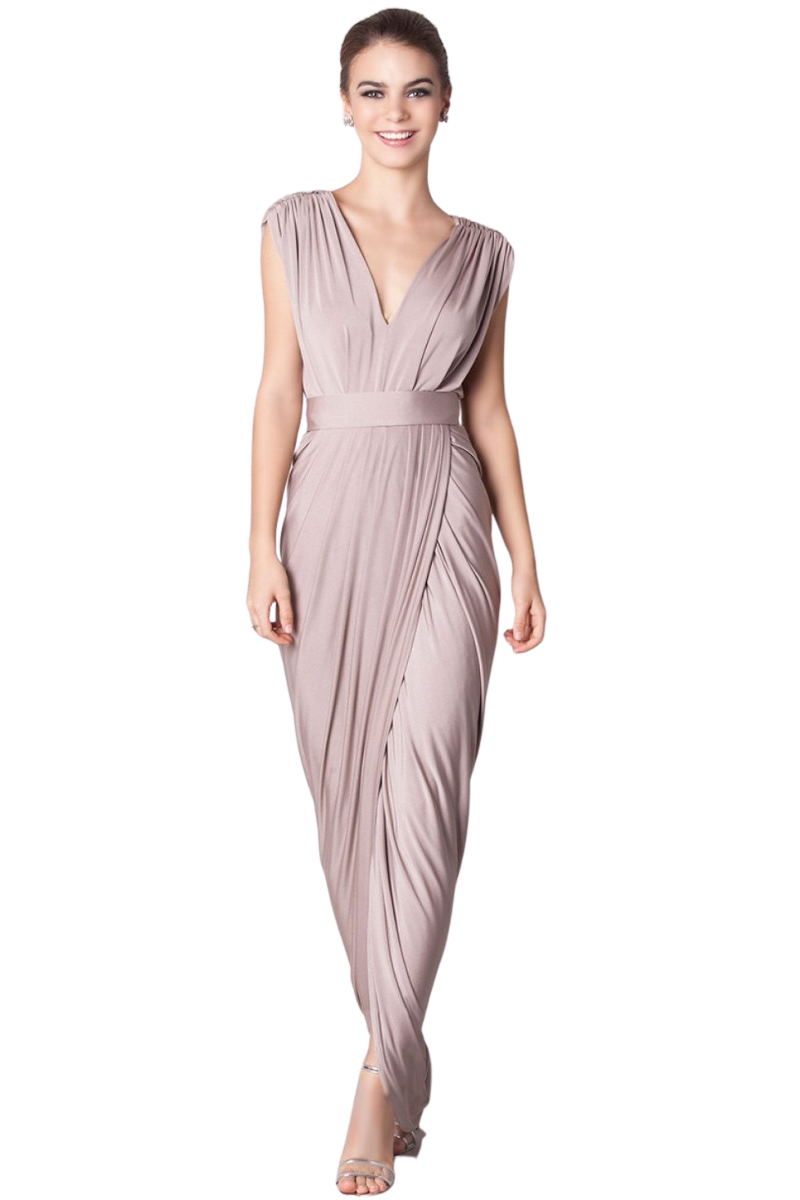 CARLA Silk Jersey dress with V neckline and tulip wrap skirt, perfect for bridesmaids. Available from Brisbane to Gold Coast.