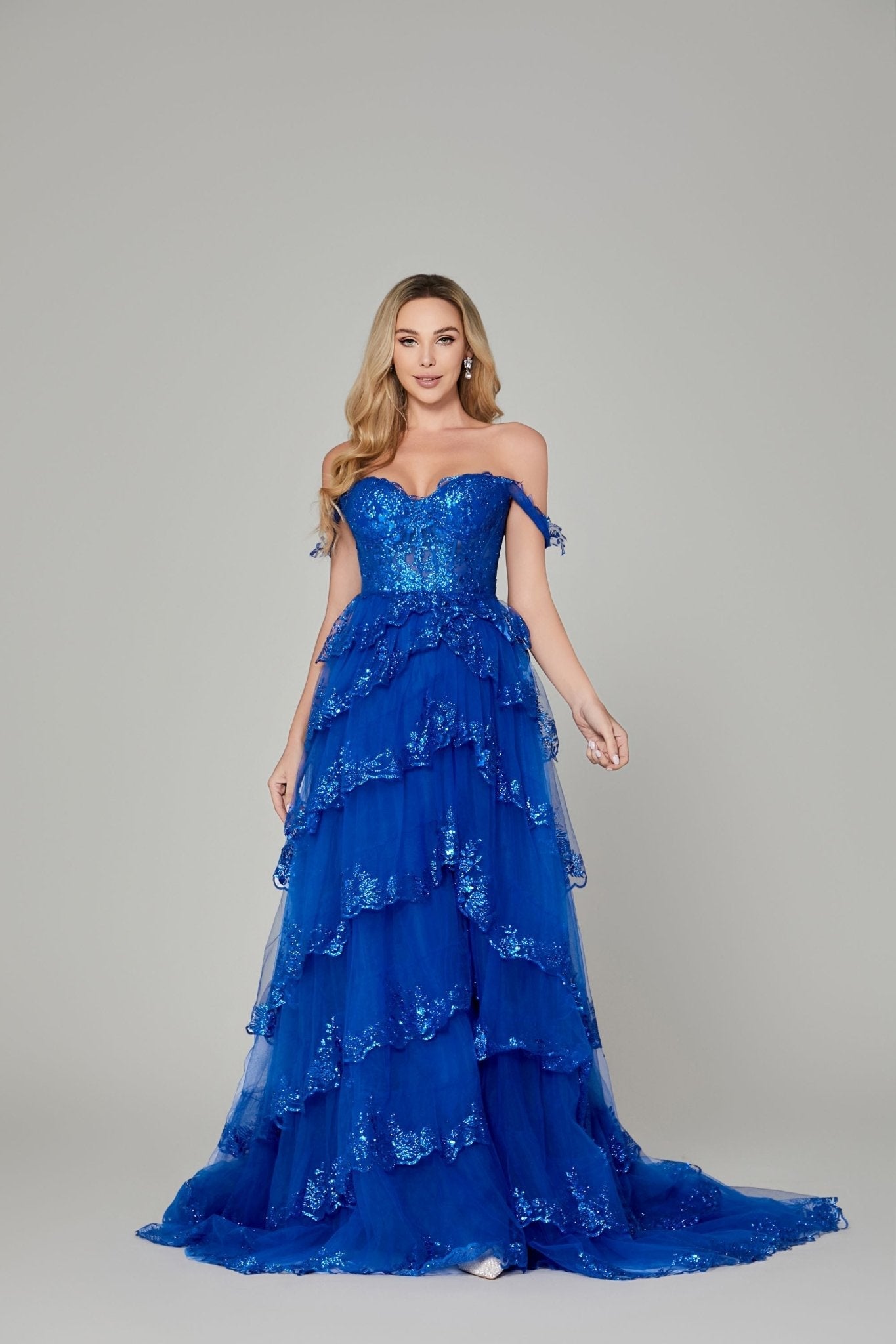 Honey Couture NATASHA Off Shoulder Layered Tulle Ball Gown in blue, Australian Designer prom dress, affordable evening gown, sparkly design