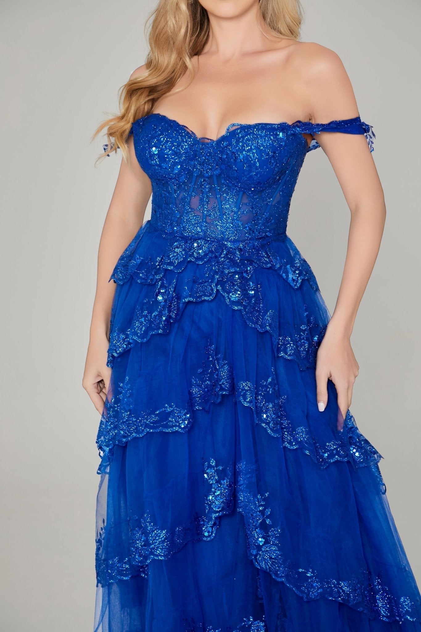 Honey Couture NATASHA Blue Off Shoulder Tulle Gown, Australian Designer Prom Dress, Evening Gown, Affordable Formal Wear.