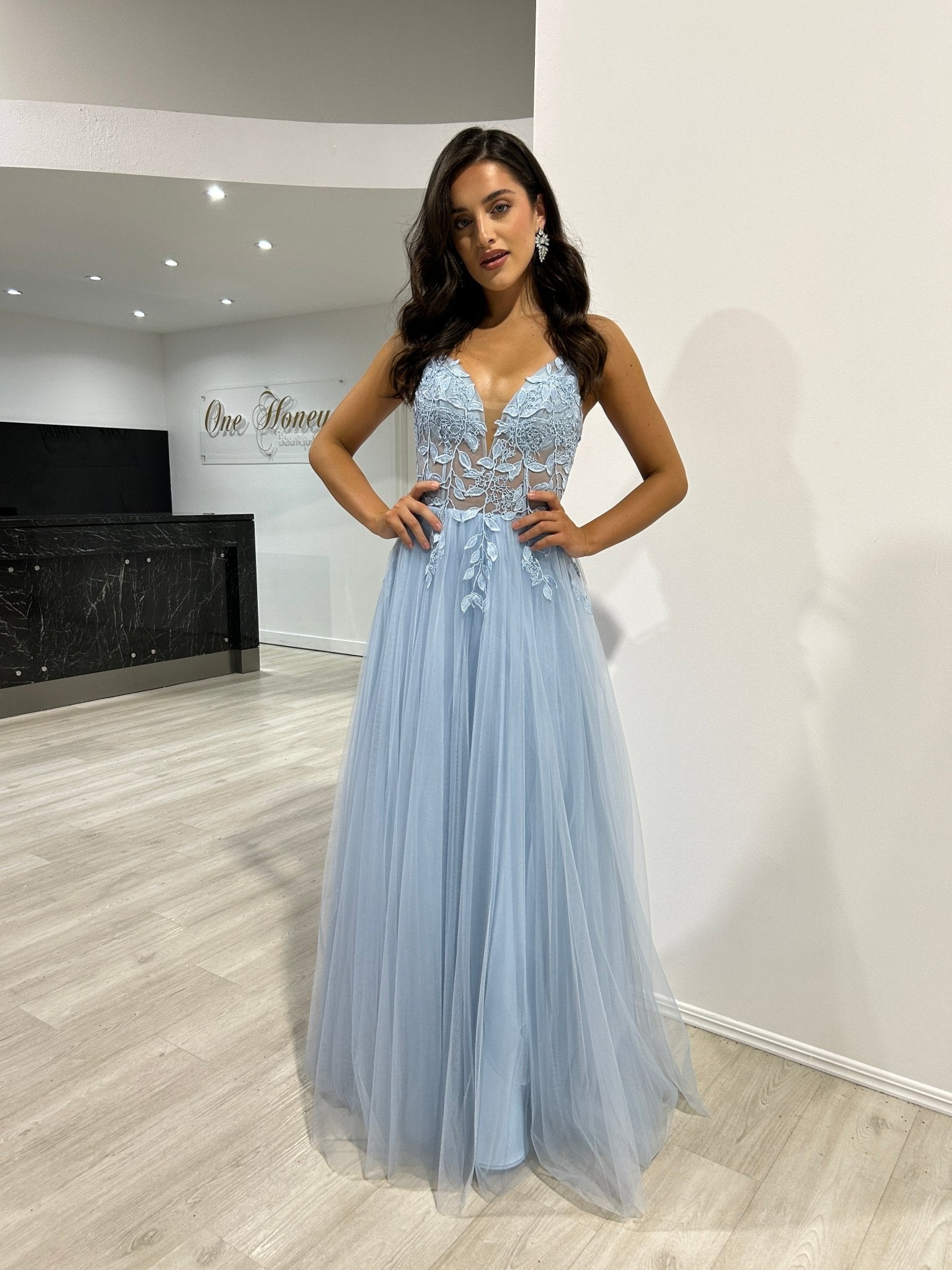 Honey Couture JARRISSA Blue Tulle A Line Formal Dress in Australia | One Honey Boutique