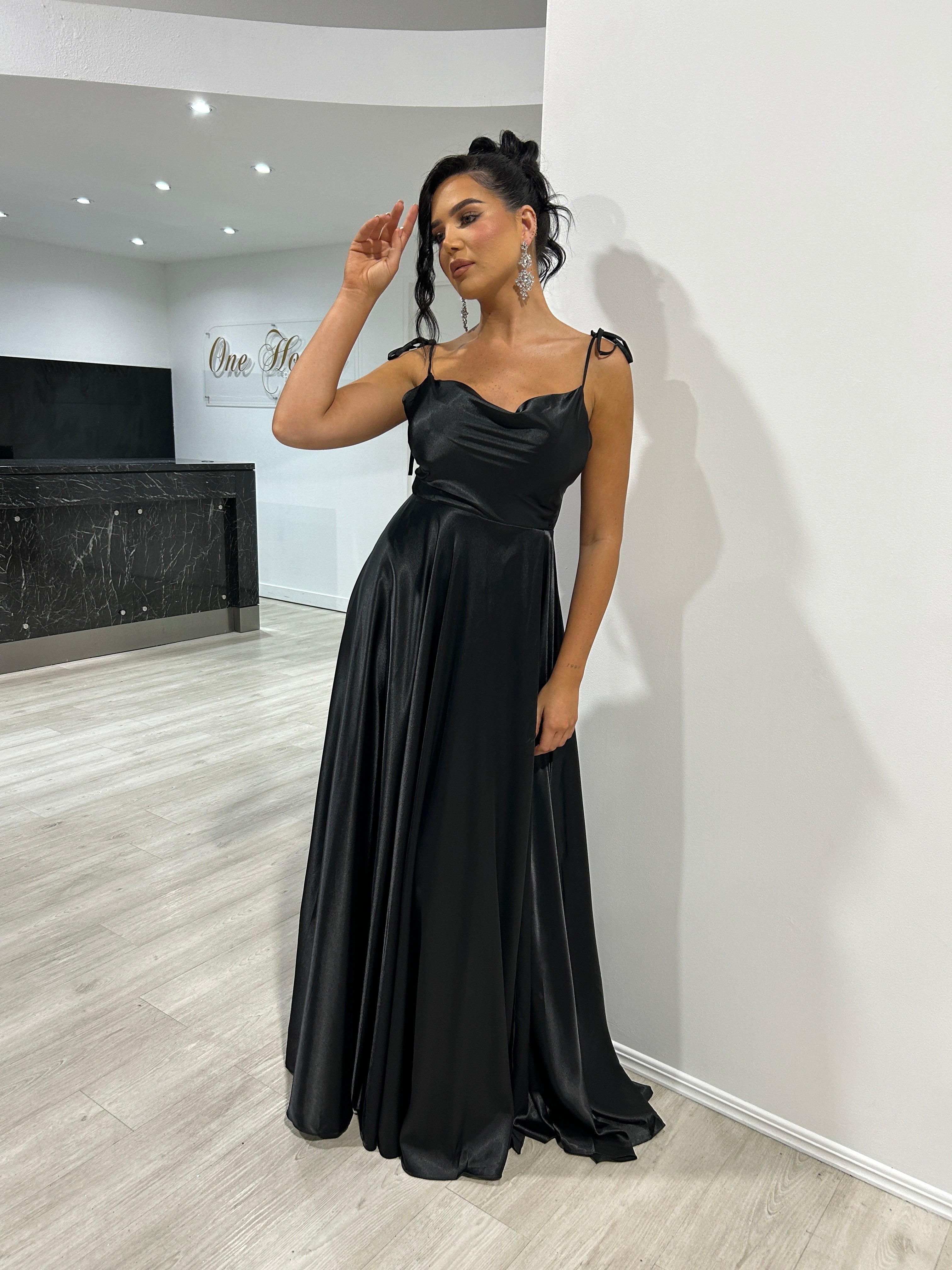XENA silky black spaghetti tie A-line evening gown with cowl neckline, ideal for bridesmaids and formals. Brisbane to Gold Coast.