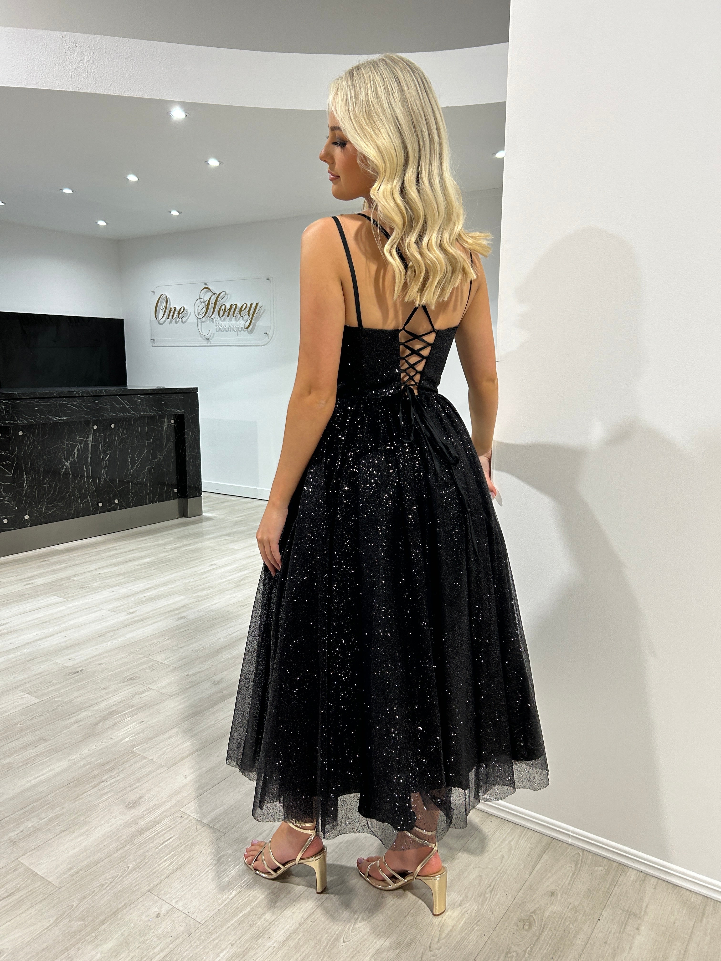 CAM Glitter Tea Length Ball Gown Corset Midi Dress featuring glittered bodice and lace-up back, ideal for events from Brisbane to Gold Coast.