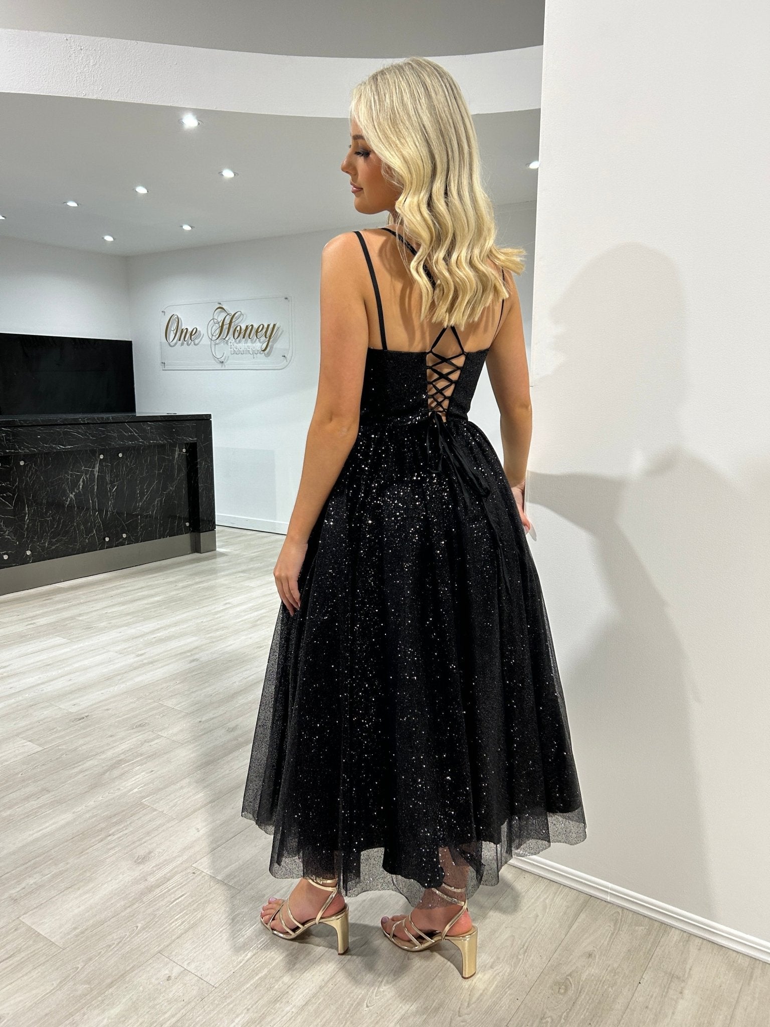 CAM Glitter Tea Length Ball Gown Corset Midi Dress in Australia | One Honey Boutique