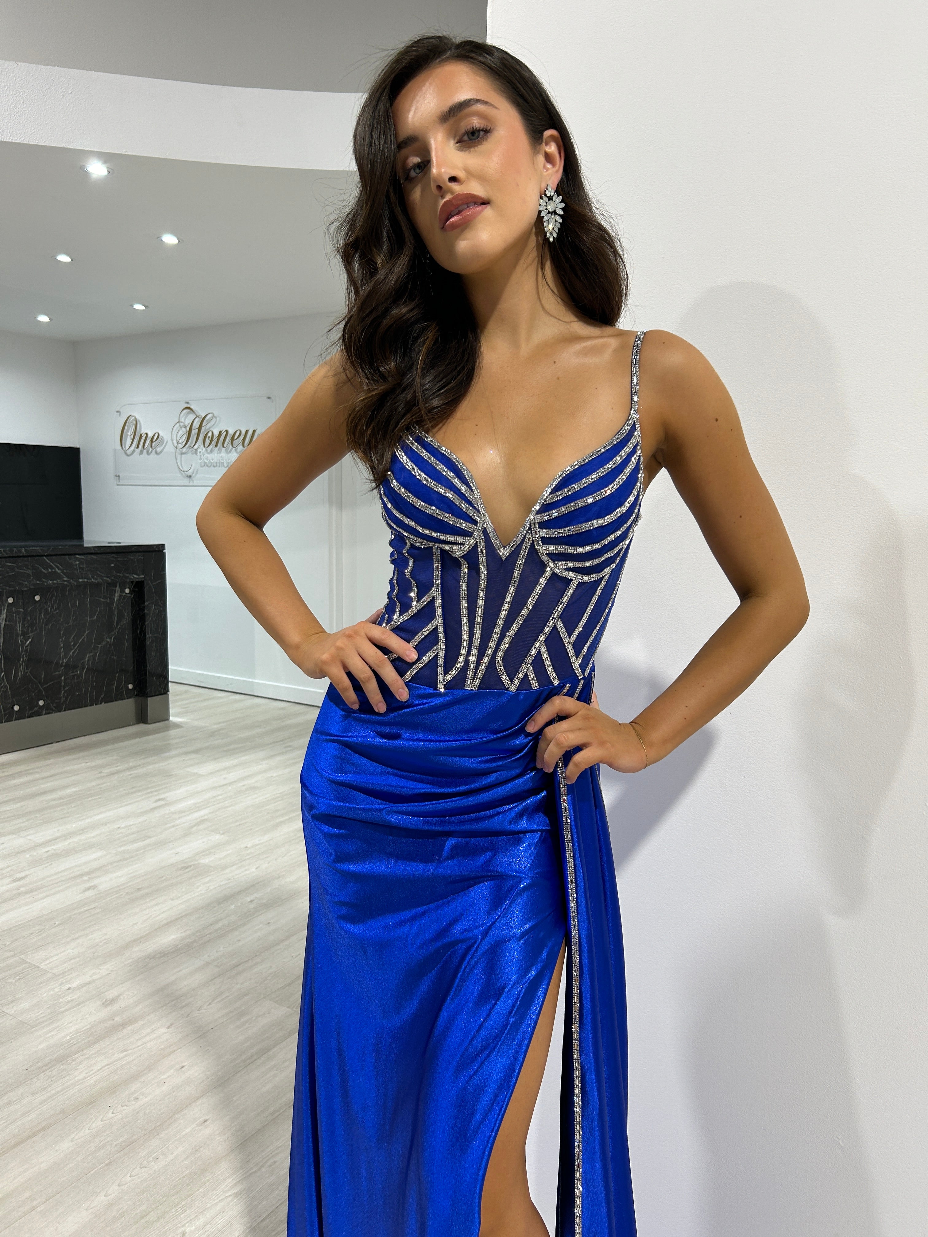 Honey Couture NIA Royal Blue Mirror Tiles Corset Satin Mermaid Formal Dress