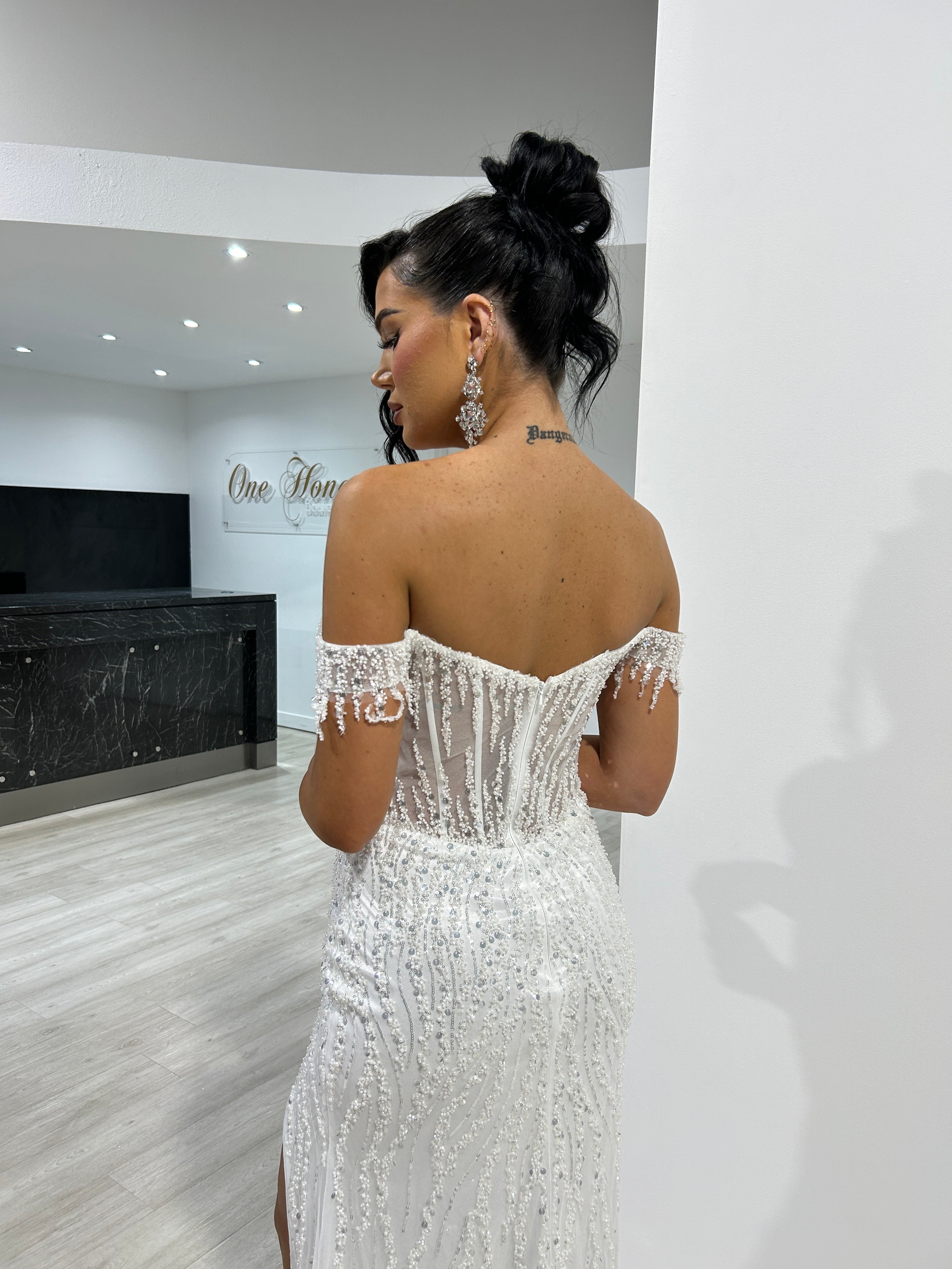SOVIA off-shoulder beaded corset wedding dress with sheer bodice, bridal gown, Brisbane to Gold Coast