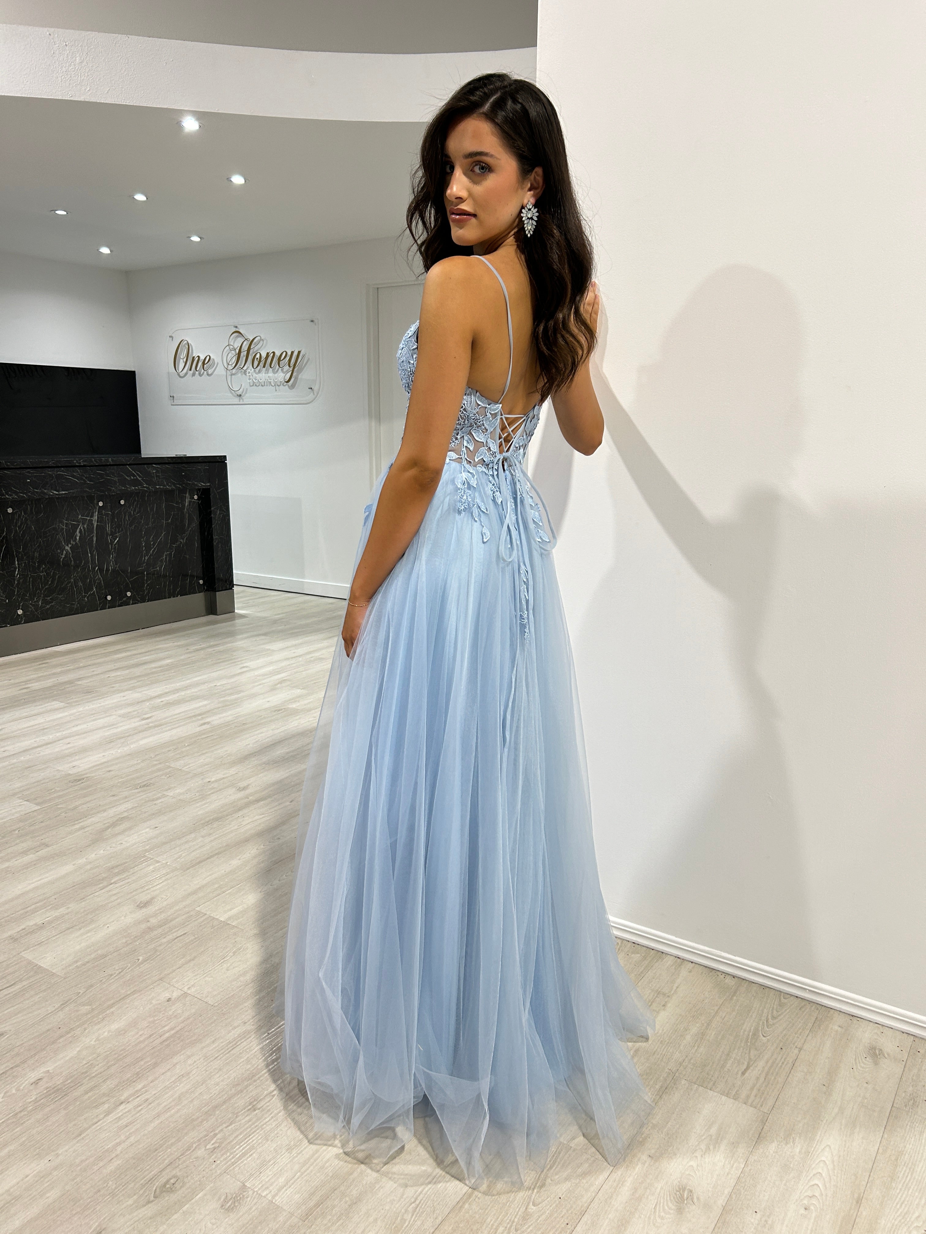 Honey Couture JARRISSA Blue Tulle A Line Formal Dress by Australian Designer, perfect prom or evening gown with lace applique back.