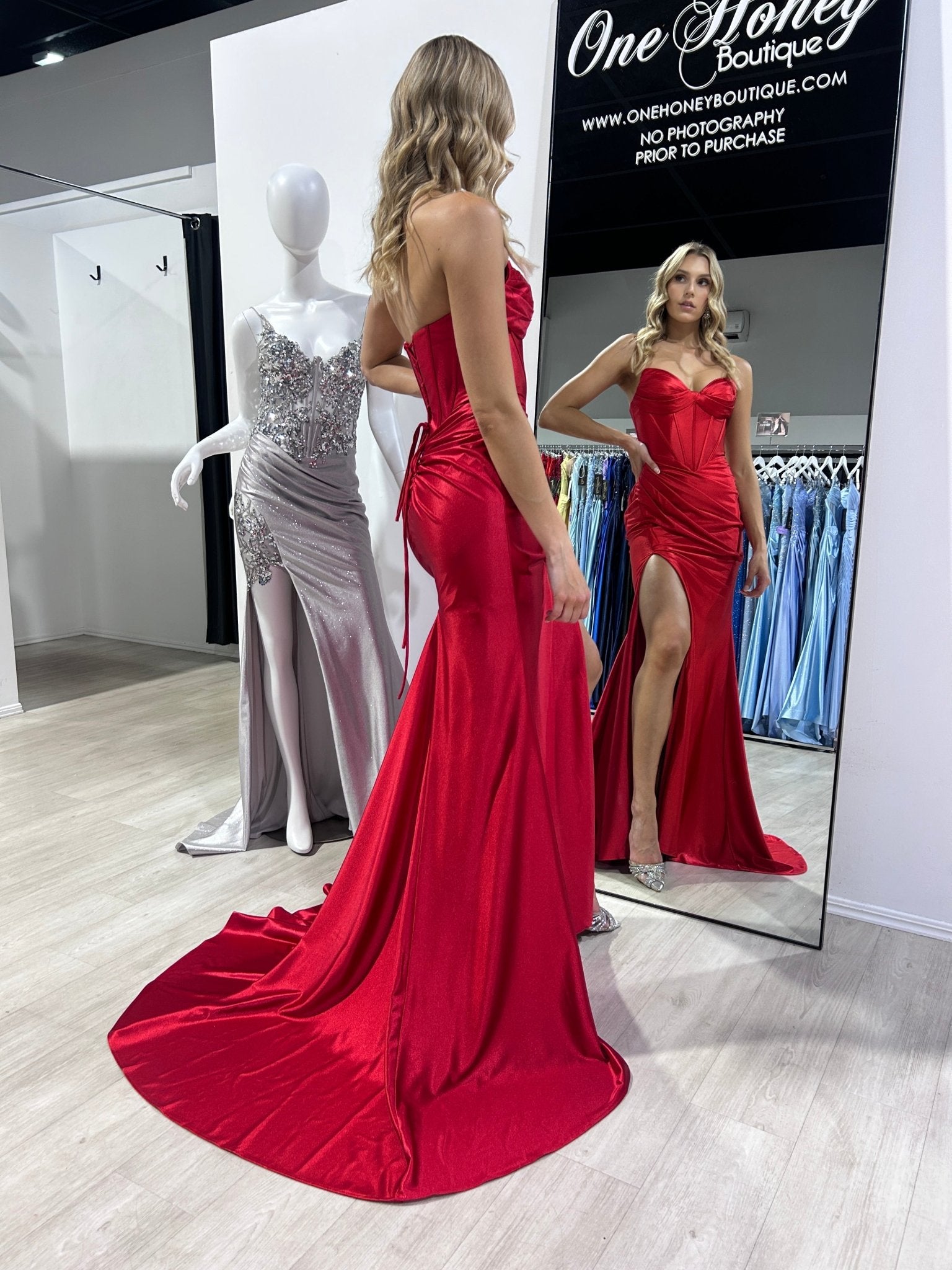 Honey Couture NOLANI Satin Boned Bustier Mermaid Formal Dress in Australia | One Honey Boutique