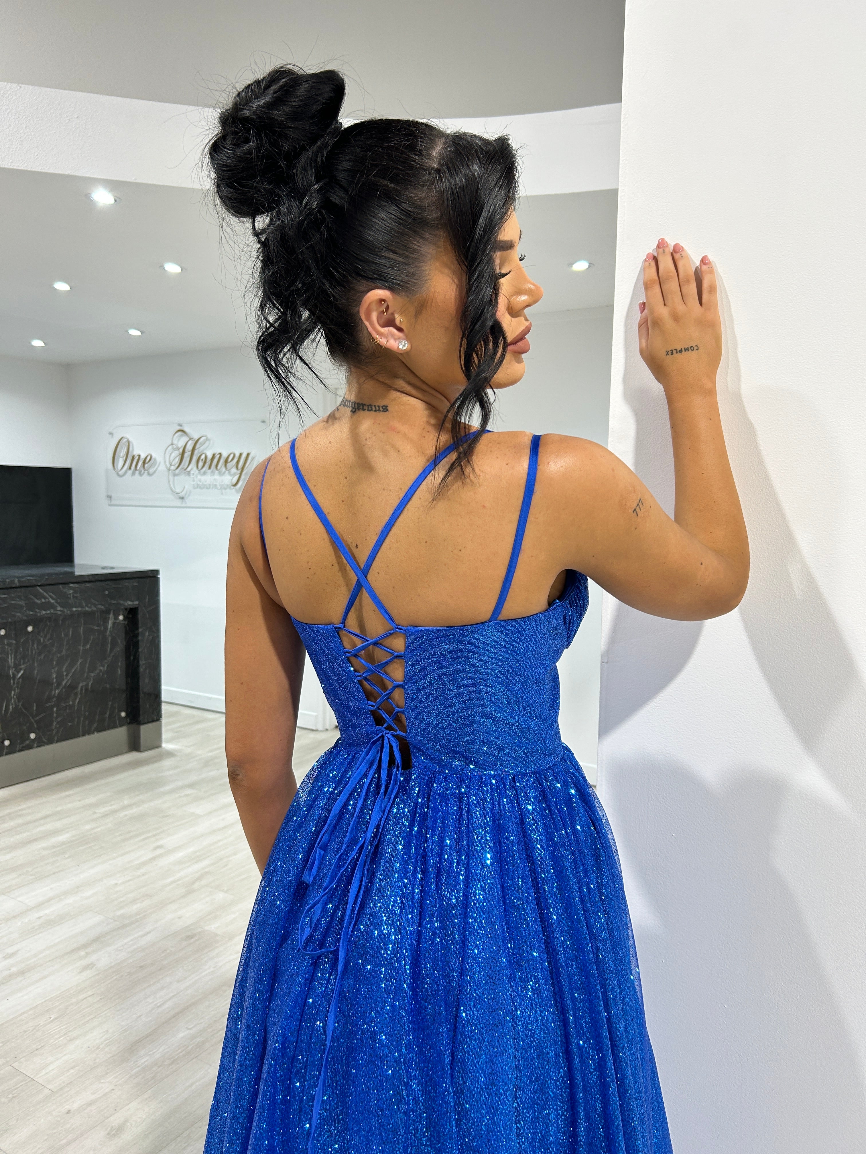 CAM Glitter Tea Length Ball Gown with sparkling blue corset and tulle skirt. Perfect for any formal event. Brisbane to Gold Coast.