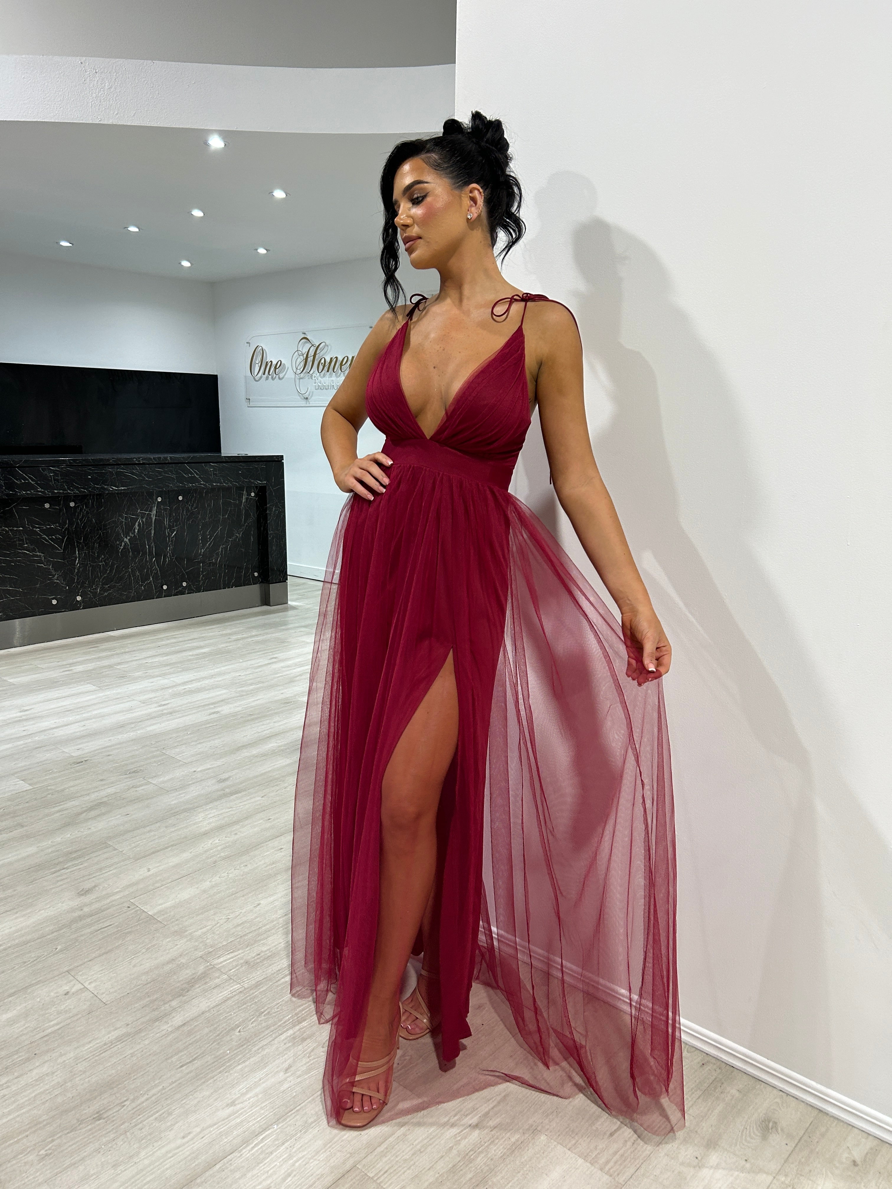 Honey Couture BEAU Burgundy Tulle A-Line Formal Dress