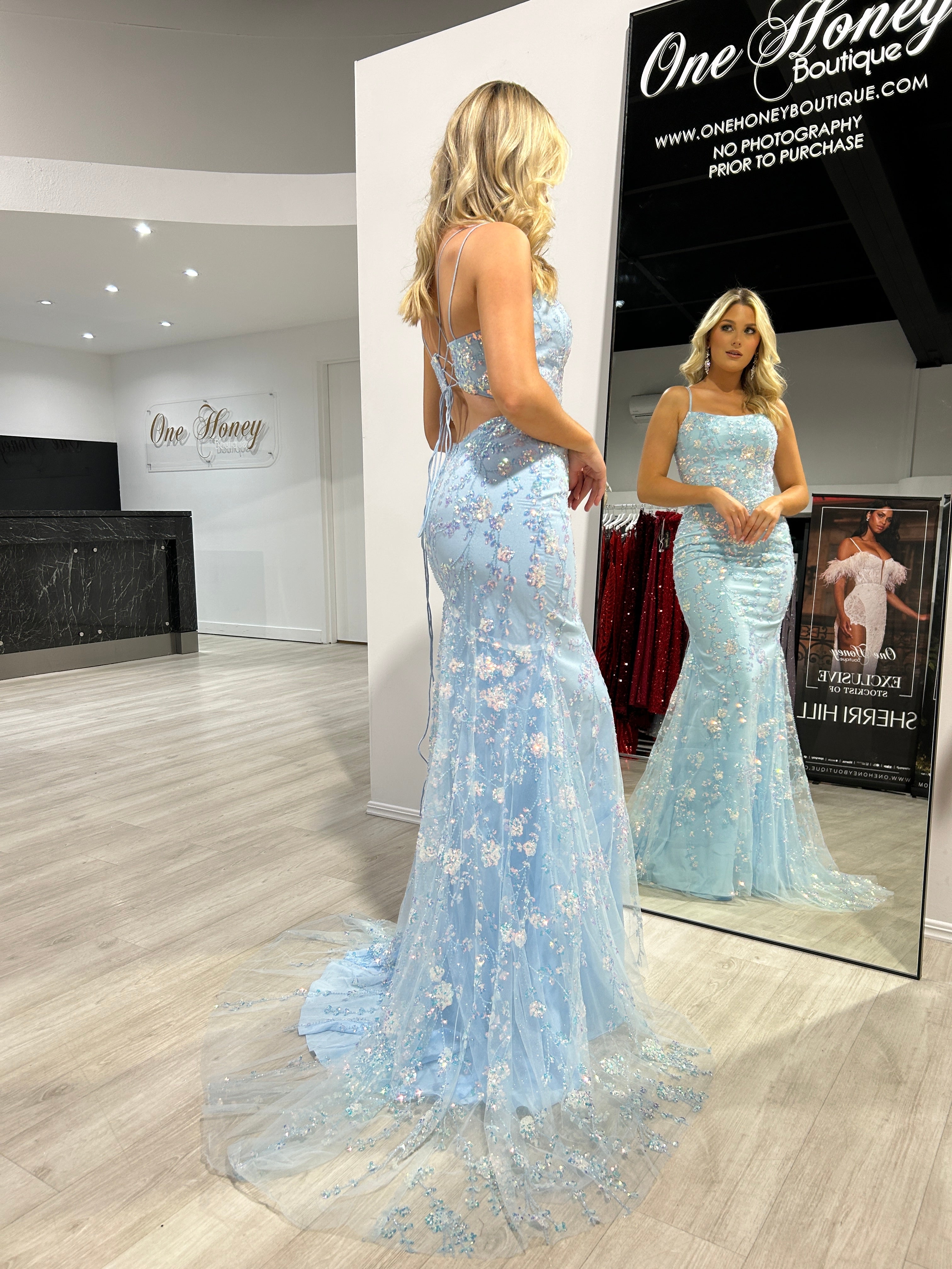 Honey Couture POSY Sky Blue Lace Sequin Applique Mermaid Dress from Australian Designer, perfect for prom or evening; affordable elegance.