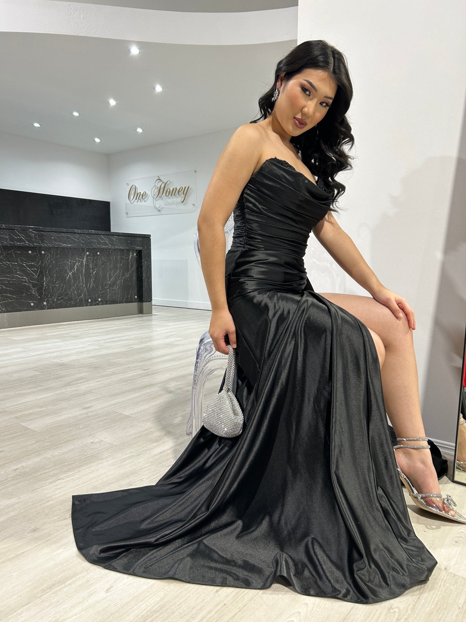 Sherri Hill 55230 Black Strapless Prom Dress One Honey Black / 16 USA Sherri Hill 55230 Black Strapless Prom Dress One Honey Black / 16 USA