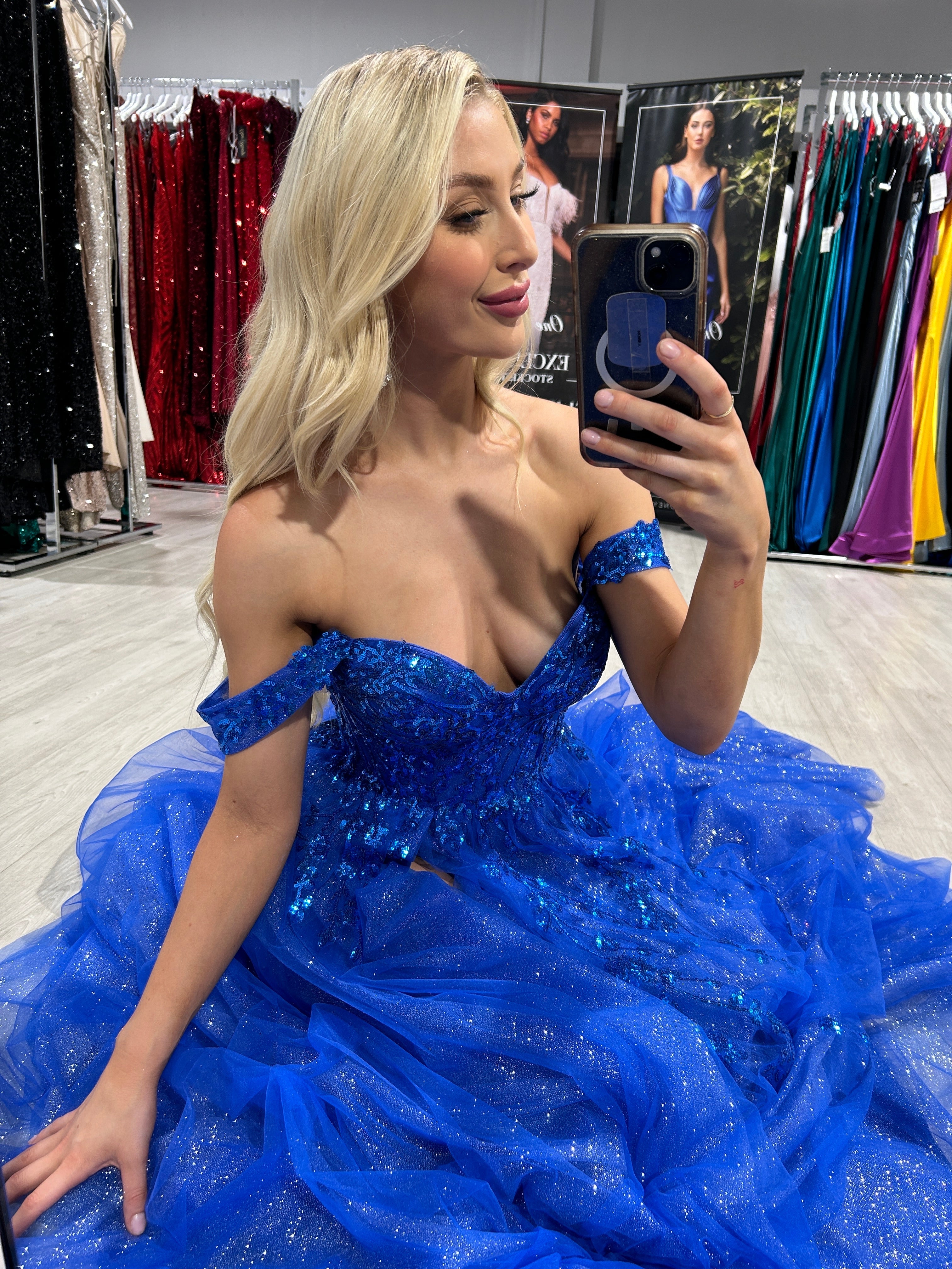 ENOLA Off the Shoulder Tulle Ballgown with Lace and Sequins, perfect for formal events. Captivating blue design. Brisbane to Gold Coast.