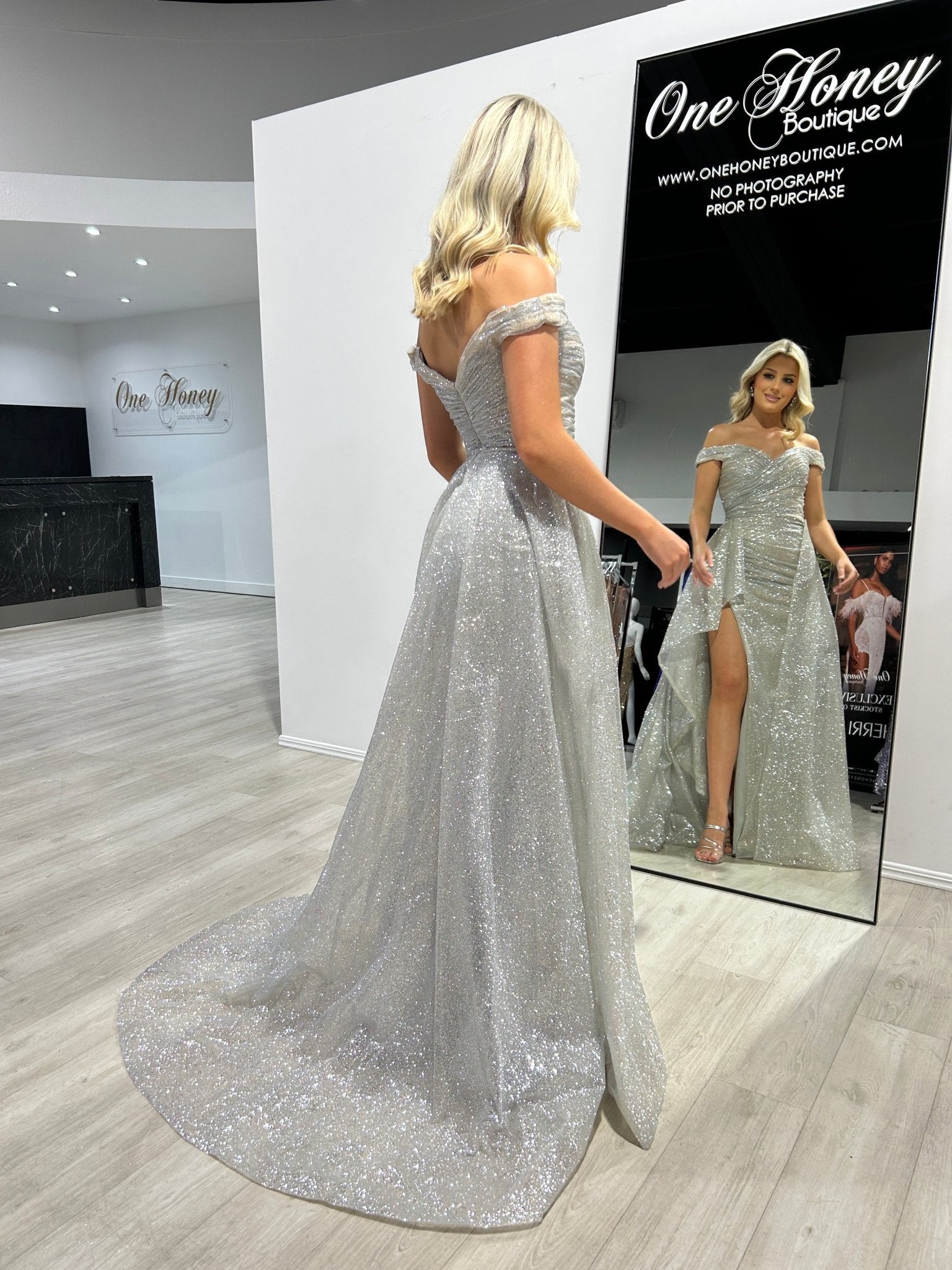 BEBE Glitter Off The Shoulder Overskirt Formal Dress in Australia | One Honey Boutique